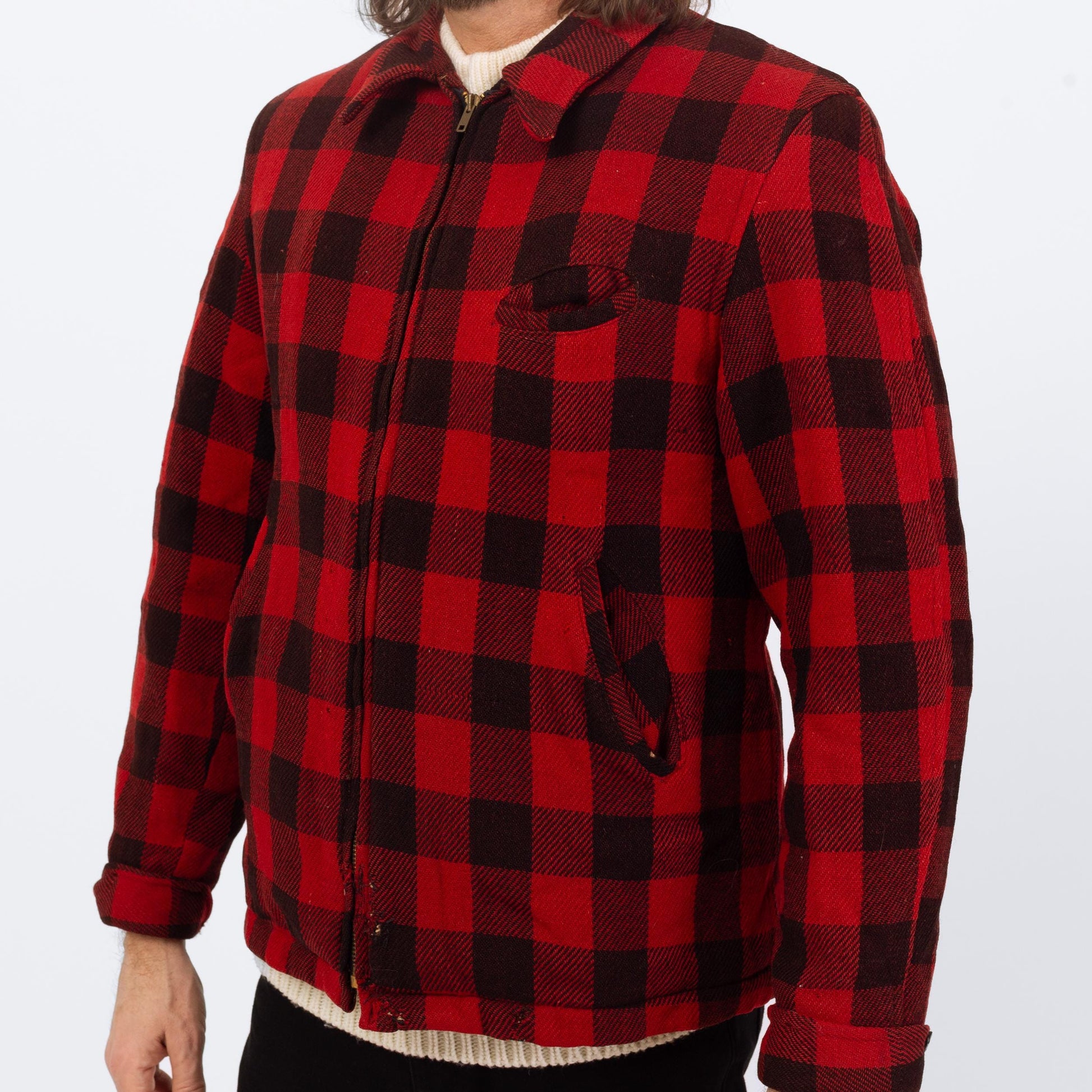 Vintage 50s Buffalo Plaid Jacket - Medium | Distressed Zip Up Hunting Field Coat