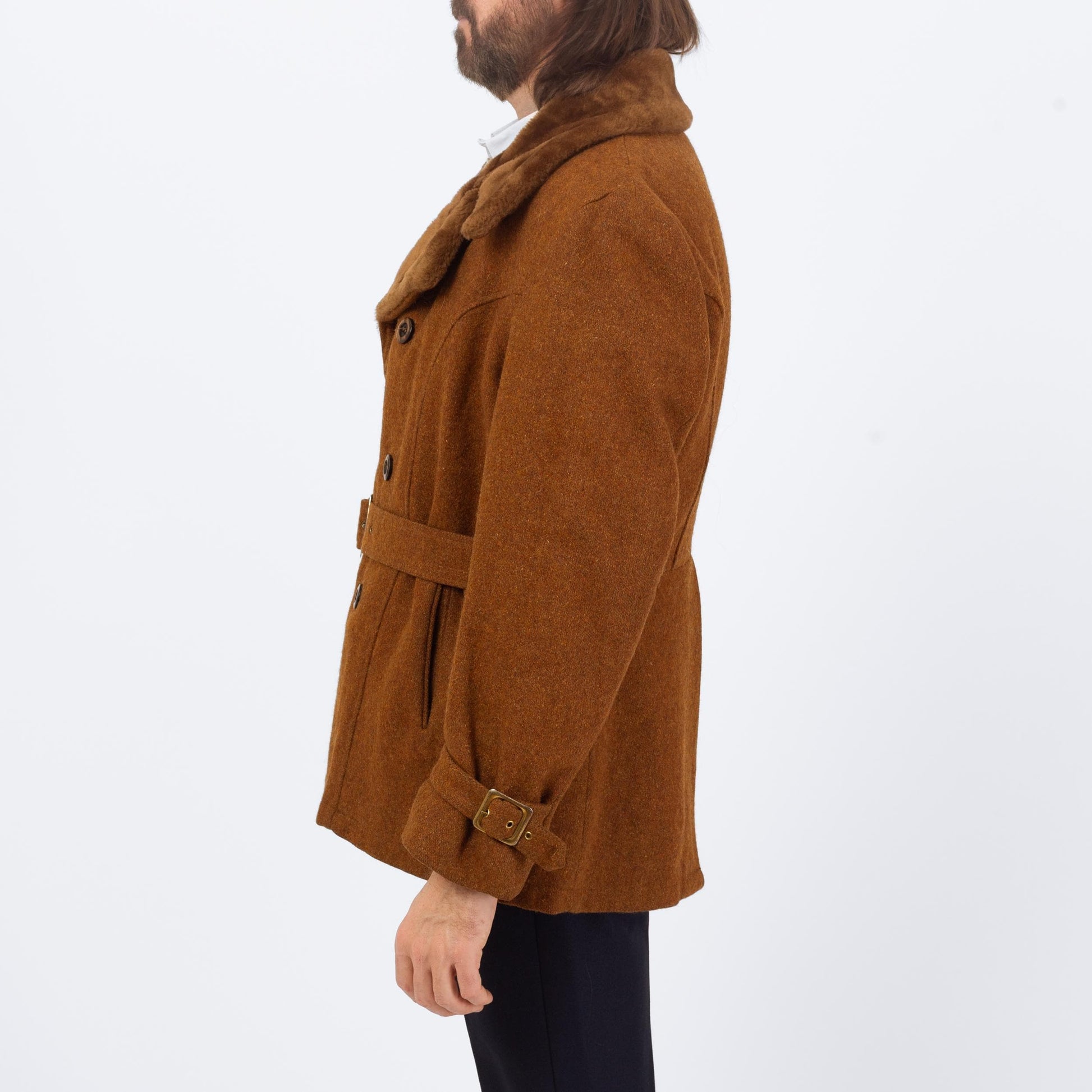 Vintage 60s 70s Burnt Orange Wool Tweed Belted Coat - Large, Size 42 | Plush Collar Double Breasted Peacoat