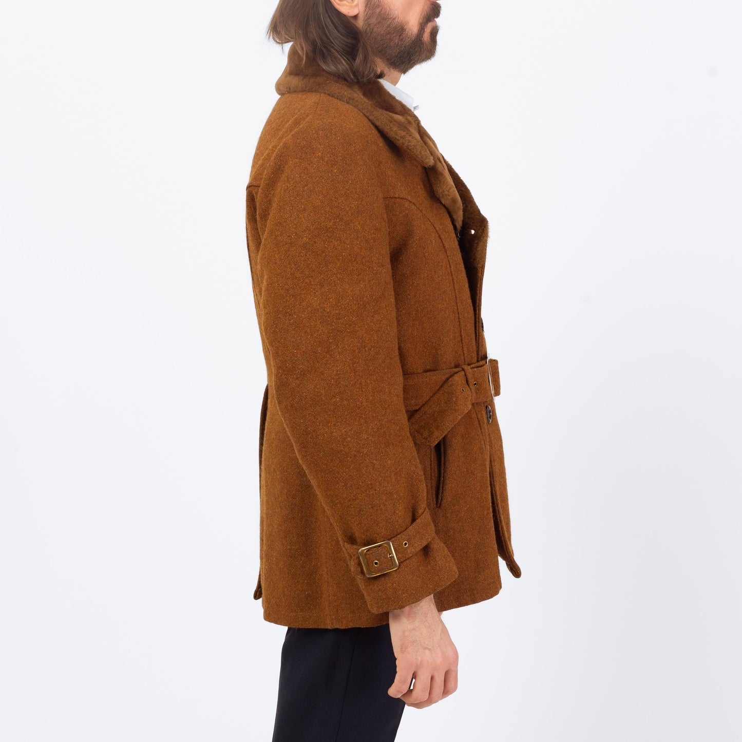 Vintage 60s 70s Burnt Orange Wool Tweed Belted Coat - Large, Size 42 | Plush Collar Double Breasted Peacoat