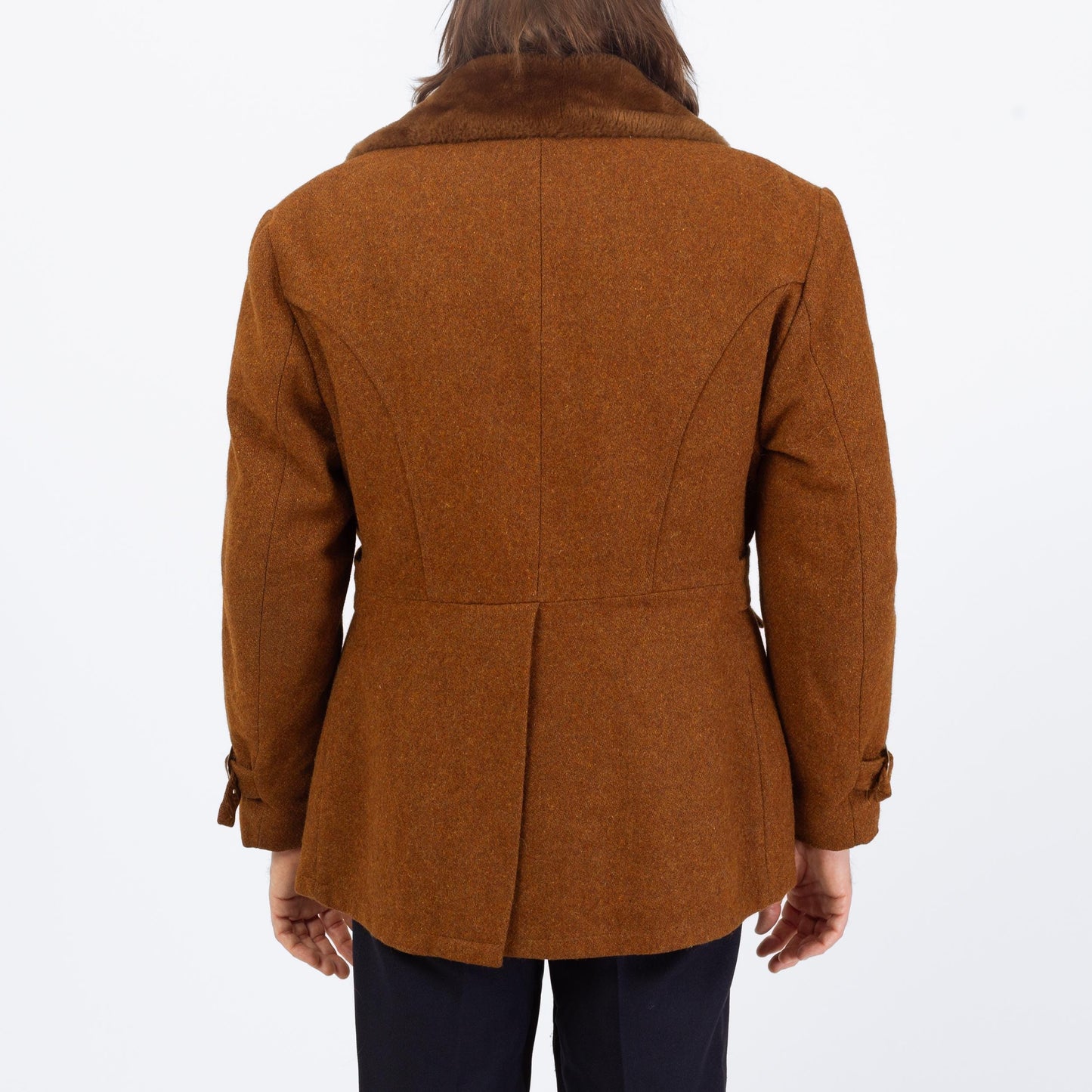 Vintage 60s 70s Burnt Orange Wool Tweed Belted Coat - Large, Size 42 | Plush Collar Double Breasted Peacoat