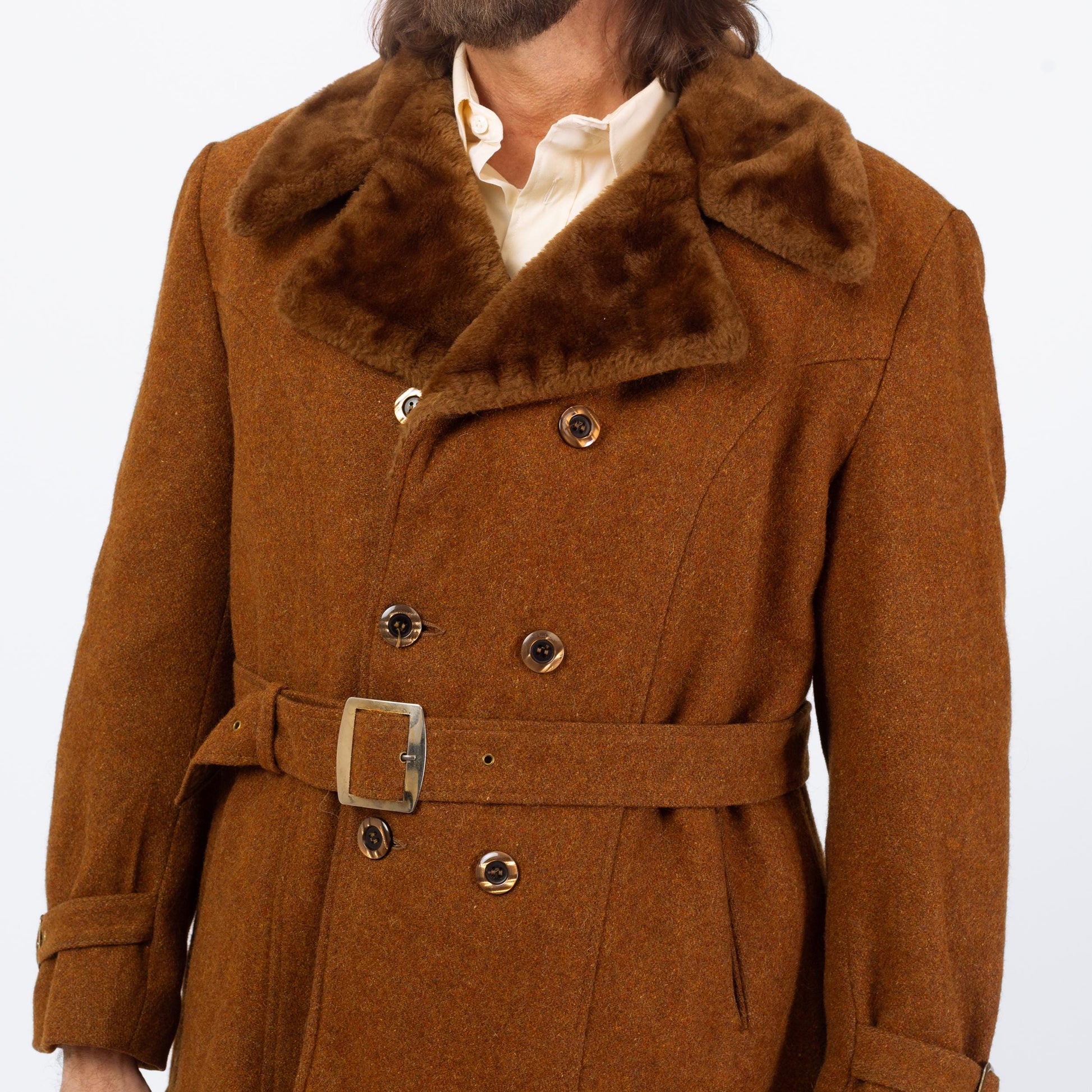Vintage 60s 70s Burnt Orange Wool Tweed Belted Coat - Large, Size 42 | Plush Collar Double Breasted Peacoat