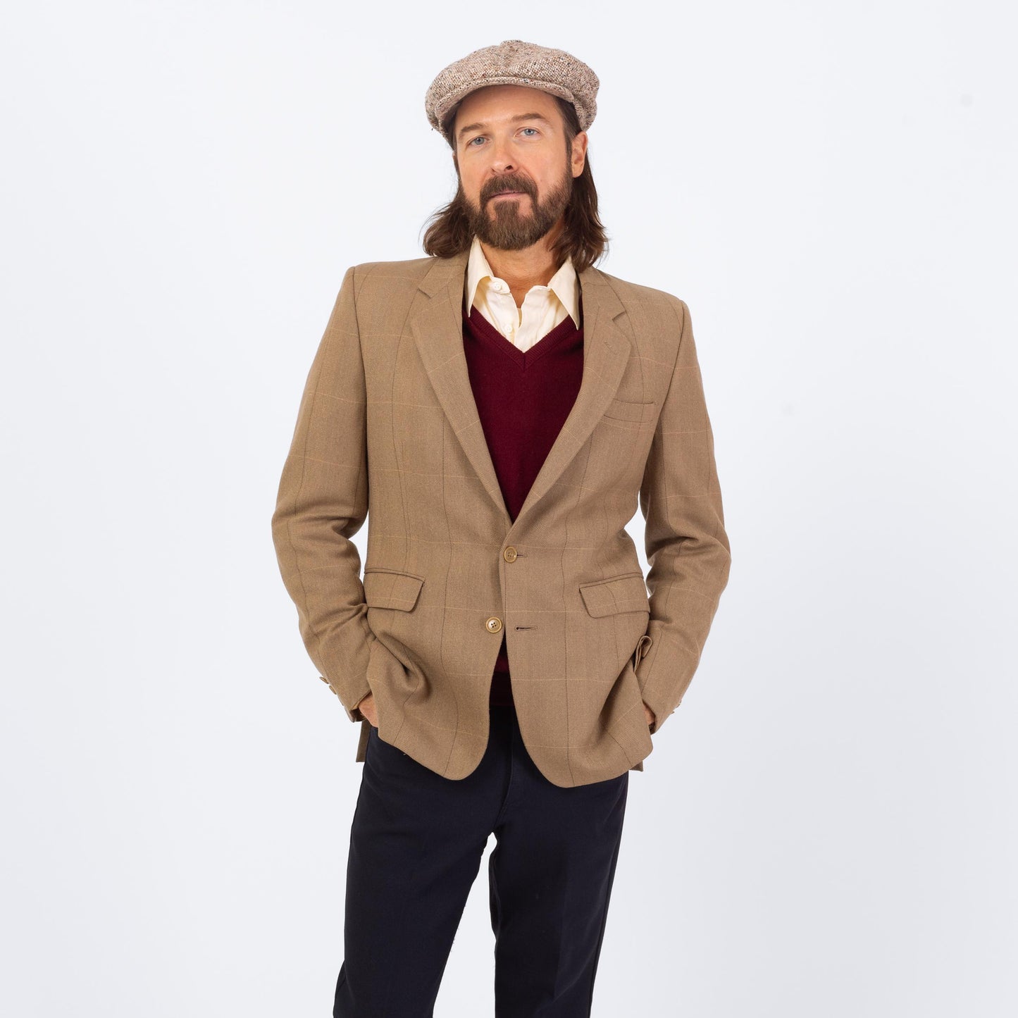 Vintage 80s Givenchy Soft Camel Wool Sport Coat - Small | Windowpane Plaid Preppy Single Breasted Blazer Suit Jacket