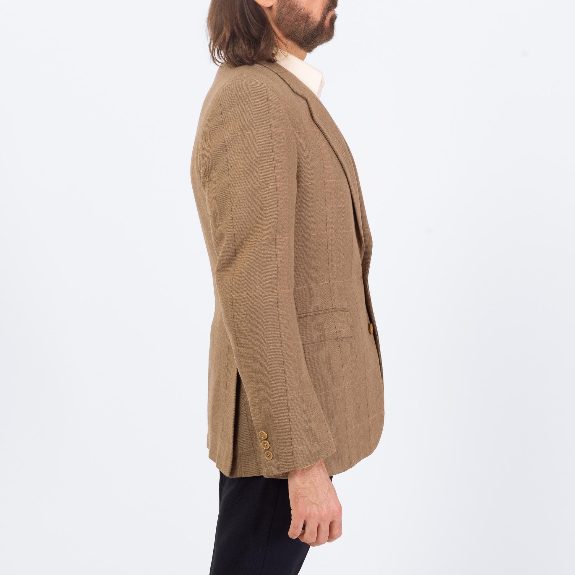 Vintage 80s Givenchy Soft Camel Wool Sport Coat - Small | Windowpane Plaid Preppy Single Breasted Blazer Suit Jacket