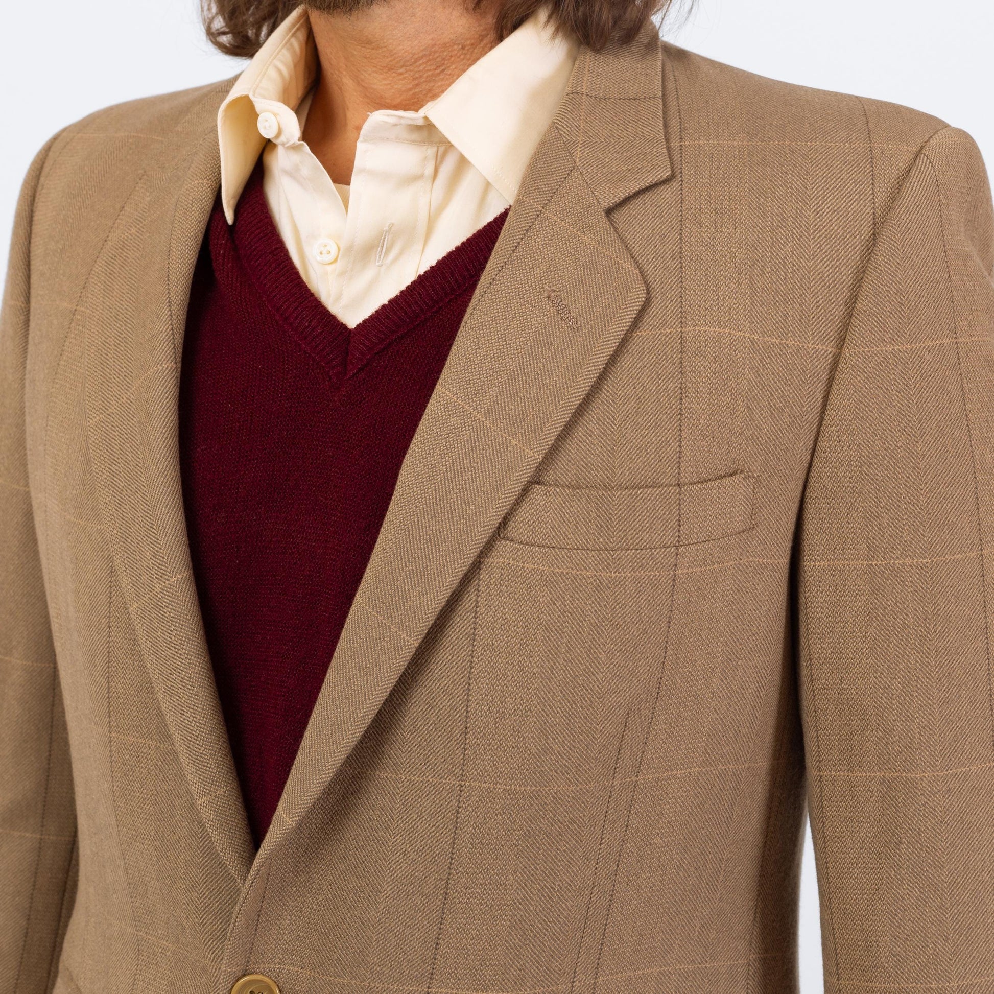 Vintage 80s Givenchy Soft Camel Wool Sport Coat - Small | Windowpane Plaid Preppy Single Breasted Blazer Suit Jacket