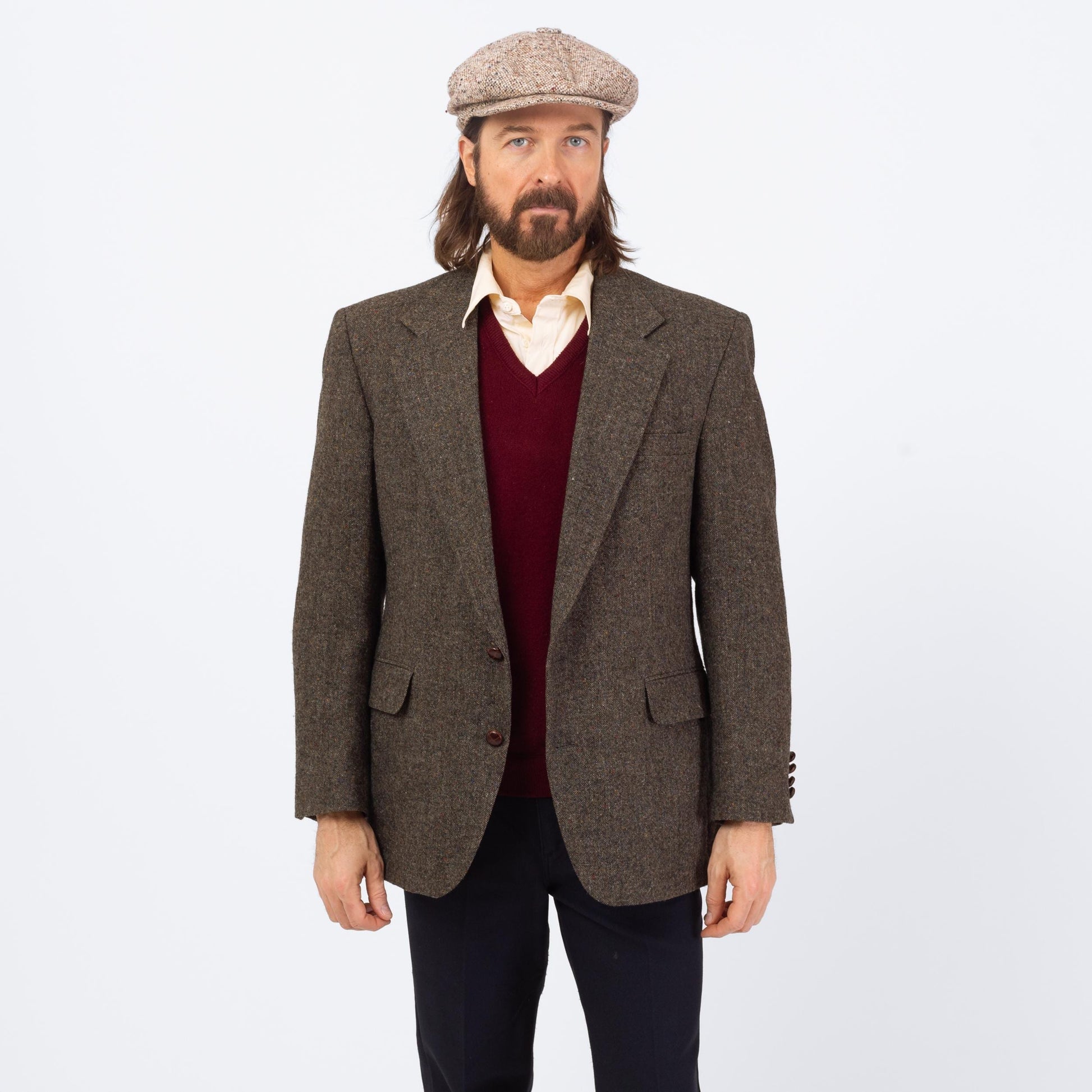 Vintage 90s Grey Tweed Elbow Patch Sport Coat - Large, Size 43 | Preppy Single Breasted Suede Trim Blazer Suit Jacket