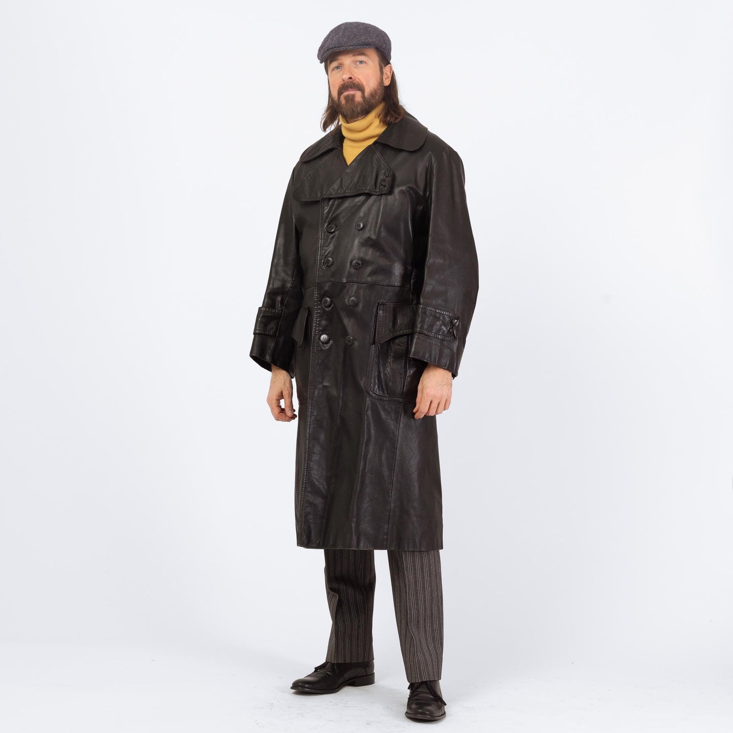 Vintage 70s 80s Black Leather Trench Coat - Large, Size 44 | Saxony Double Breasted Long Duster Jacket
