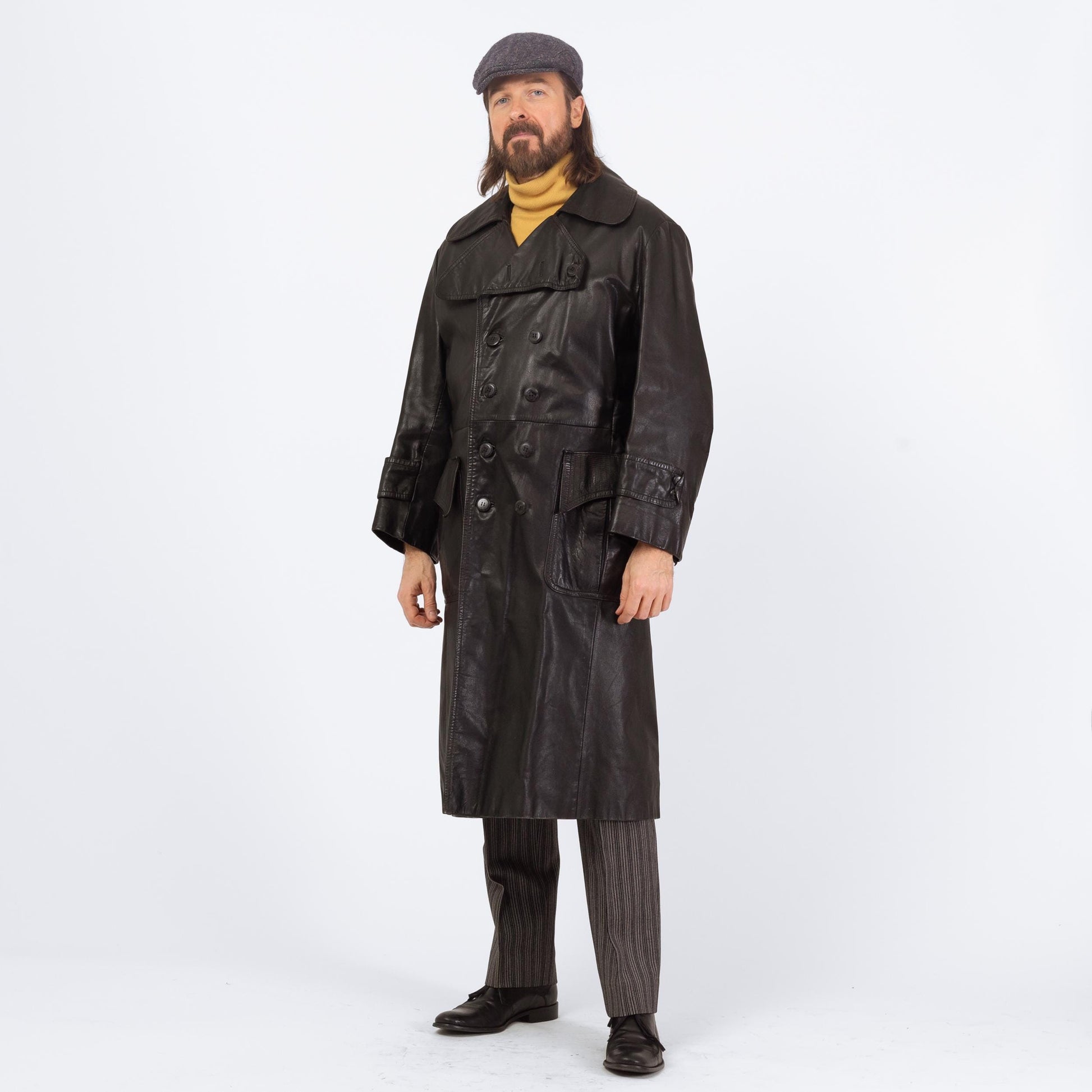 Vintage 70s 80s Black Leather Trench Coat - Large, Size 44 | Saxony Double Breasted Long Duster Jacket