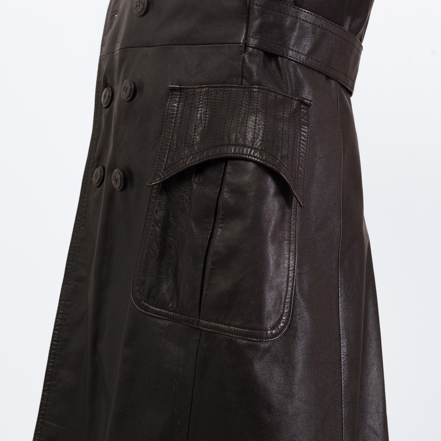 Vintage 70s 80s Black Leather Trench Coat - Large, Size 44 | Saxony Double Breasted Long Duster Jacket