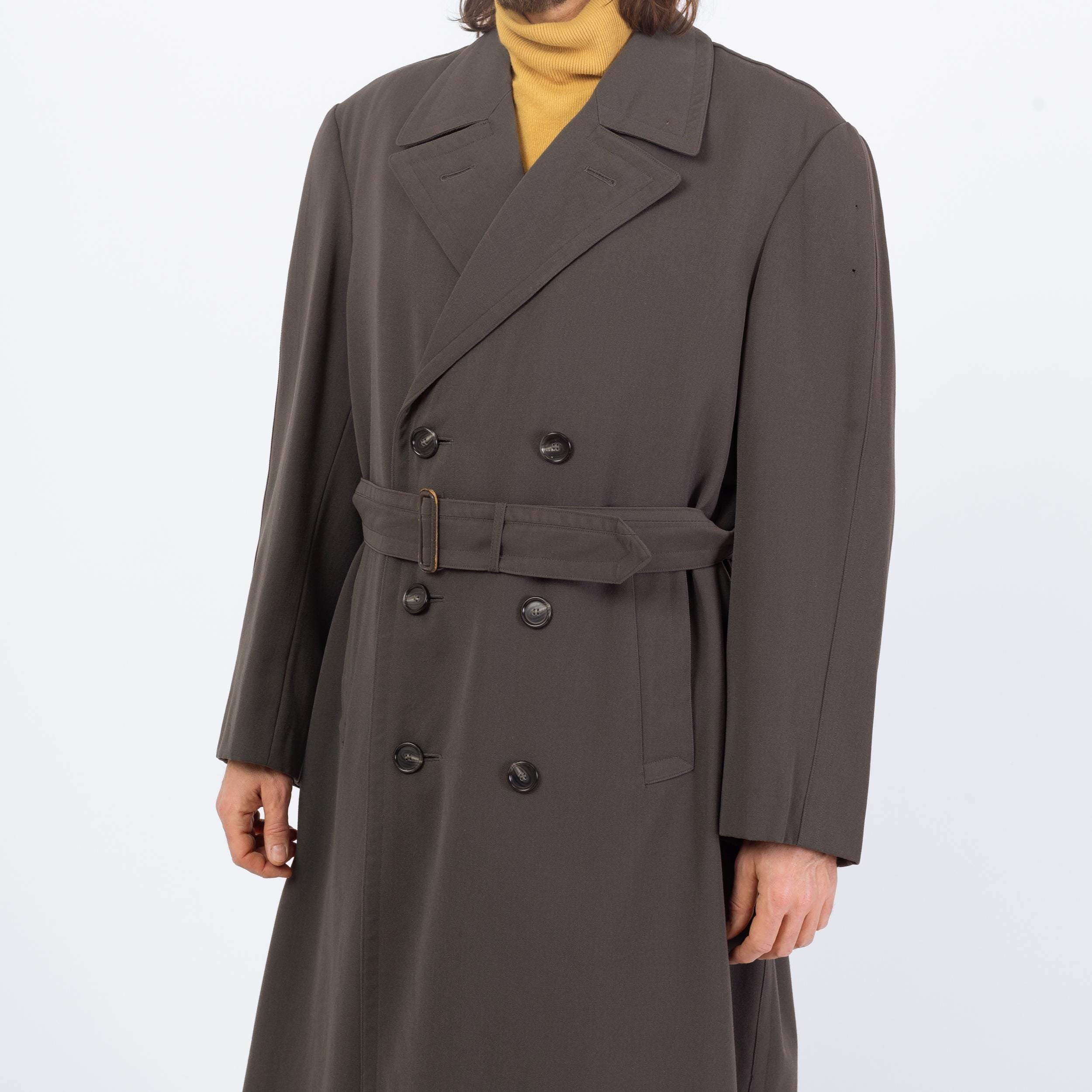 Vintage 60s Dove Grey Wool Belted Military Trench Coat - Extra