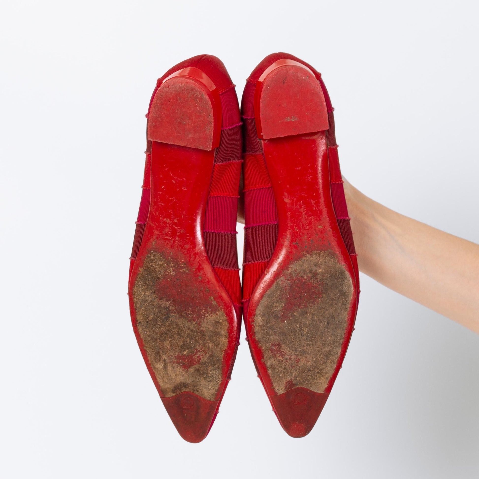 Vintage Ferragamo 90s Red Ribbon Striped Flats - Size 5.5 | Designer Pointed Toe Ballet Flats