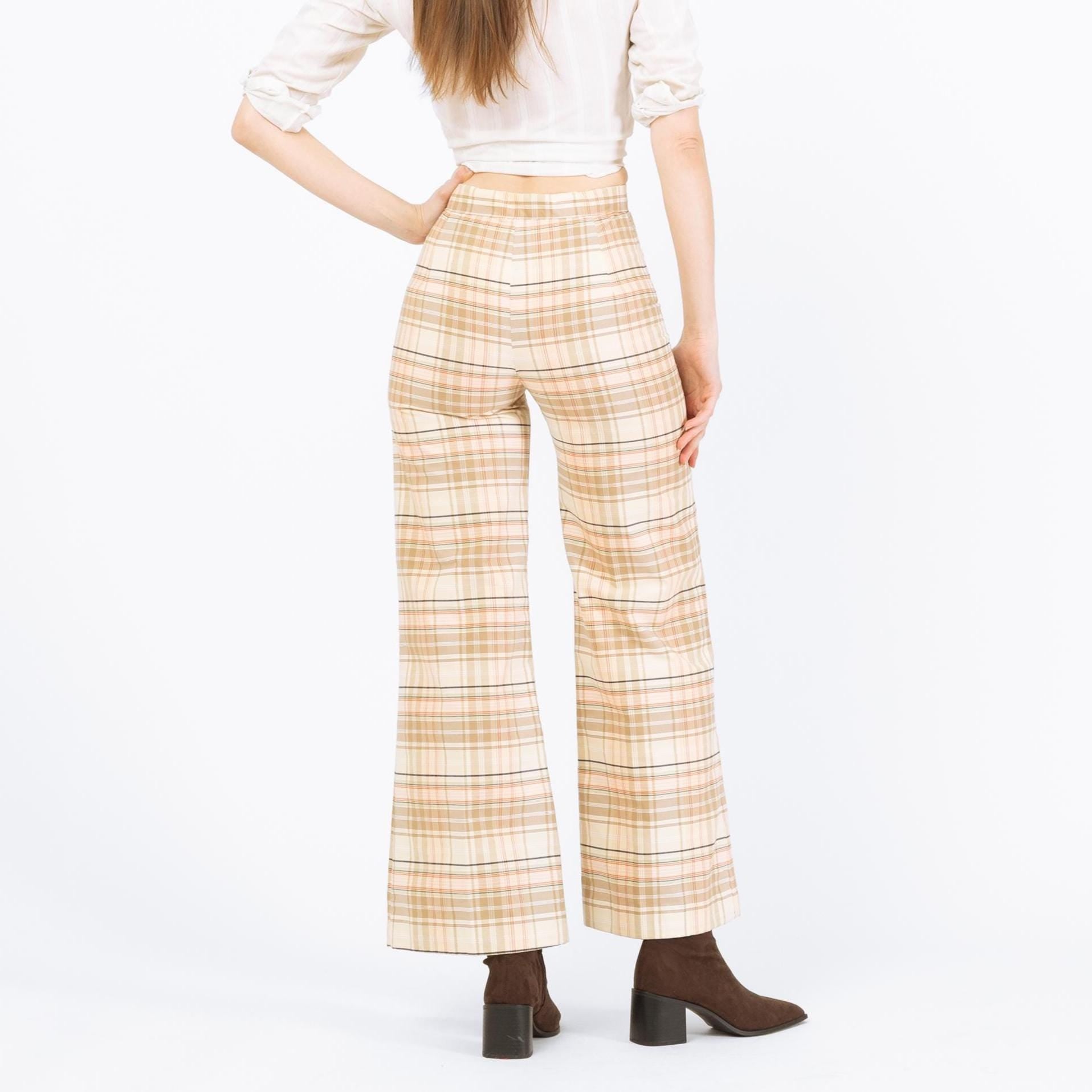 Vintage 70s Plaid Flared Pants - Extra Small, 26" Waist | High Rise Bell Bottoms