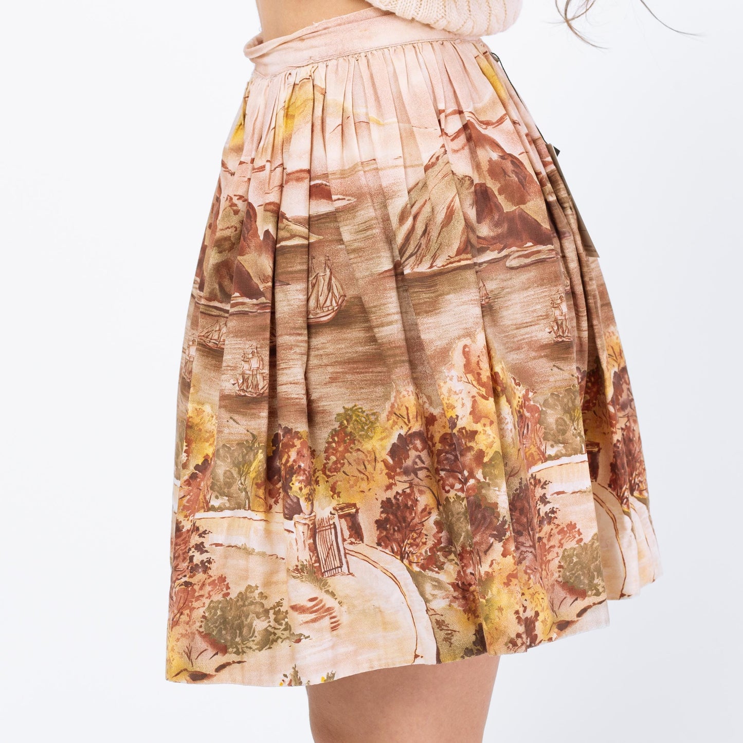 Vintage 1950s Scenic Novelty Print Mini Circle Skirt - XXS, 23" Waist | 50s Painted High Waisted Full Miniskirt