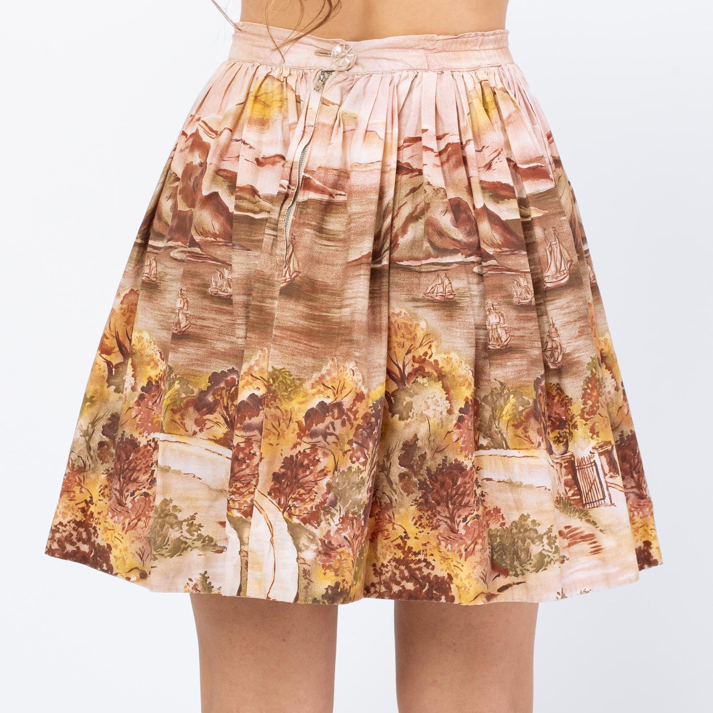 Vintage 1950s Scenic Novelty Print Mini Circle Skirt - XXS, 23" Waist | 50s Painted High Waisted Full Miniskirt