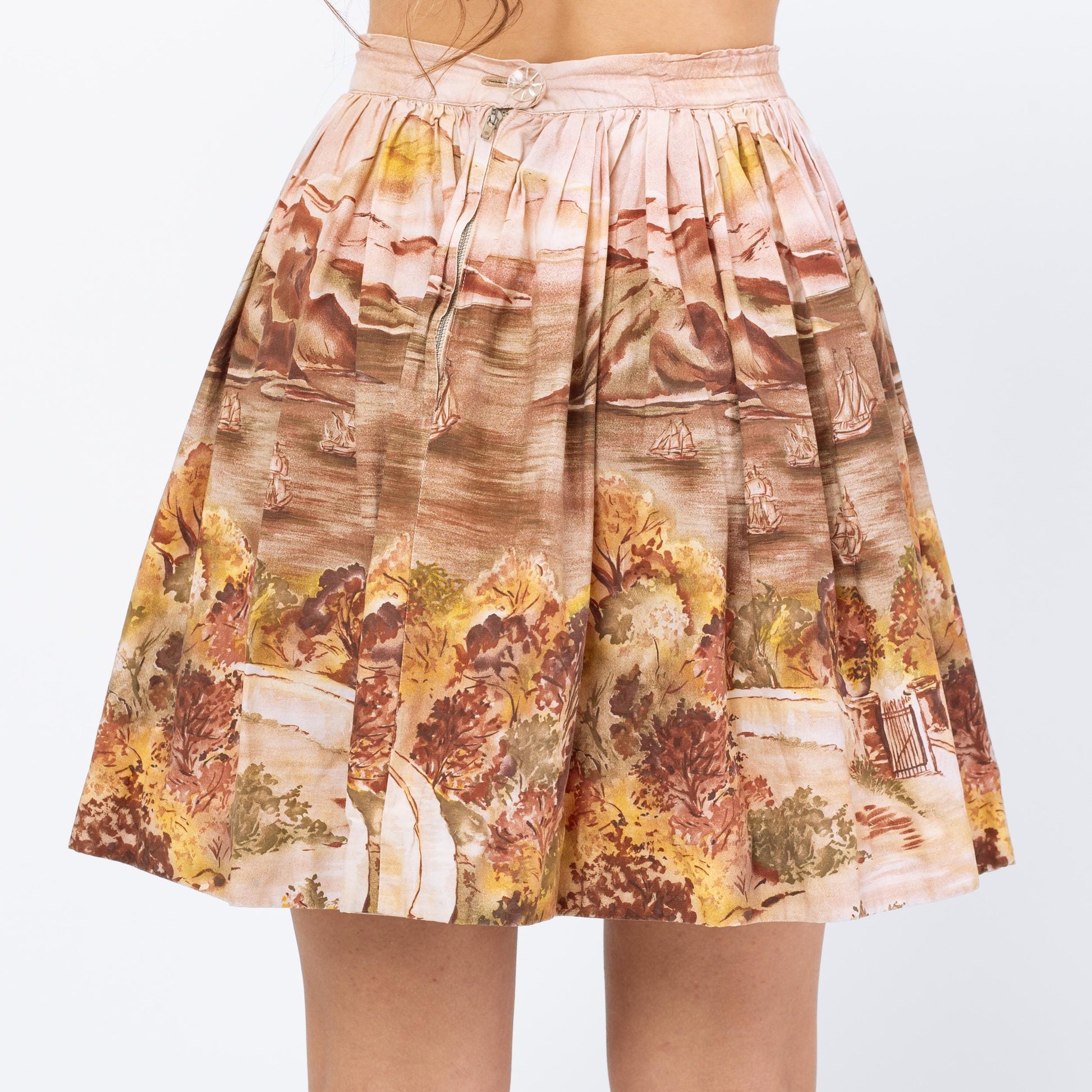 Vintage 1950s Scenic Novelty Print Mini Circle Skirt - XXS, 23" Waist | 50s Painted High Waisted Full Miniskirt