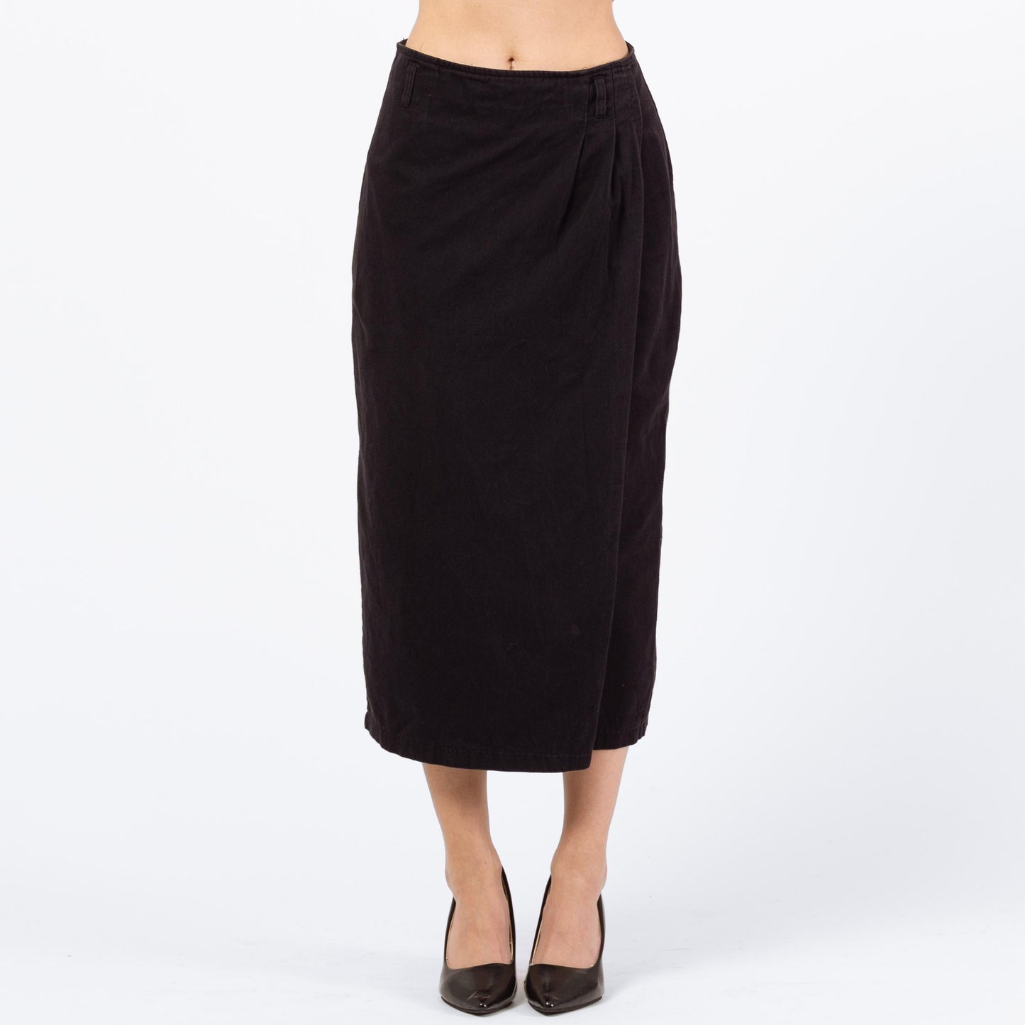 Vintage 90s Black Cotton Midi Wrap Skirt - XS to Small, 26" Waist | Minimalist High Waisted Straight Skirt