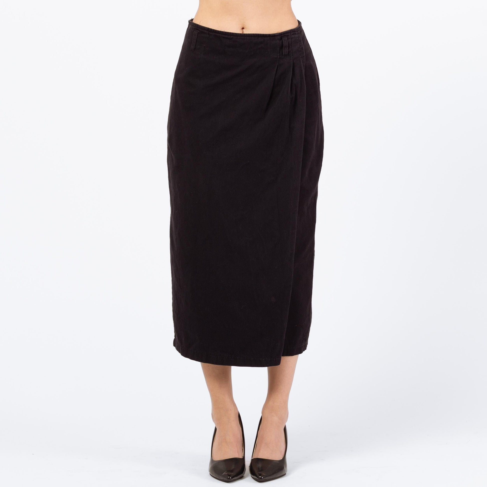 Vintage 90s Black Cotton Midi Wrap Skirt - XS to Small, 26" Waist | Minimalist High Waisted Straight Skirt