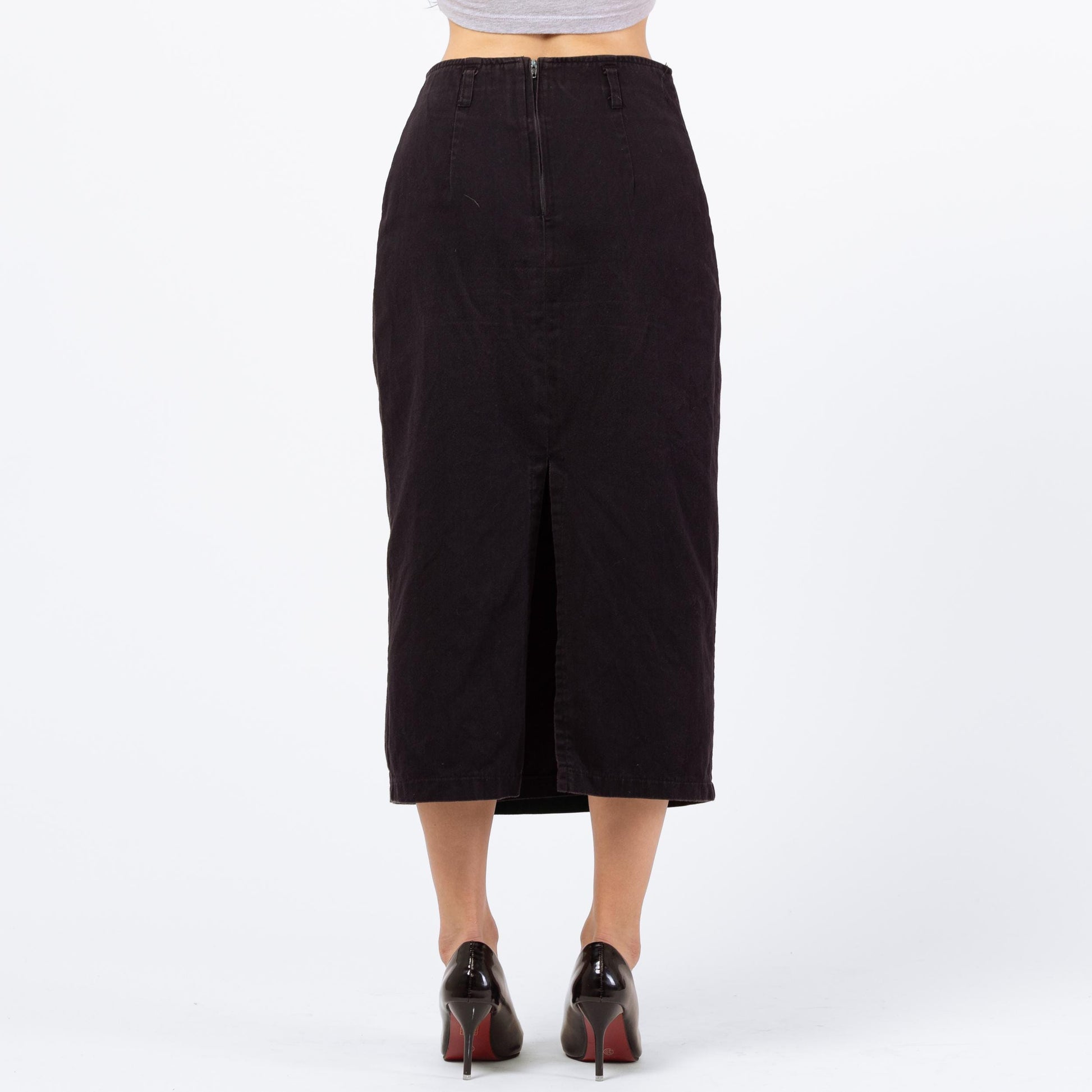 Vintage 90s Black Cotton Midi Wrap Skirt - XS to Small, 26" Waist | Minimalist High Waisted Straight Skirt