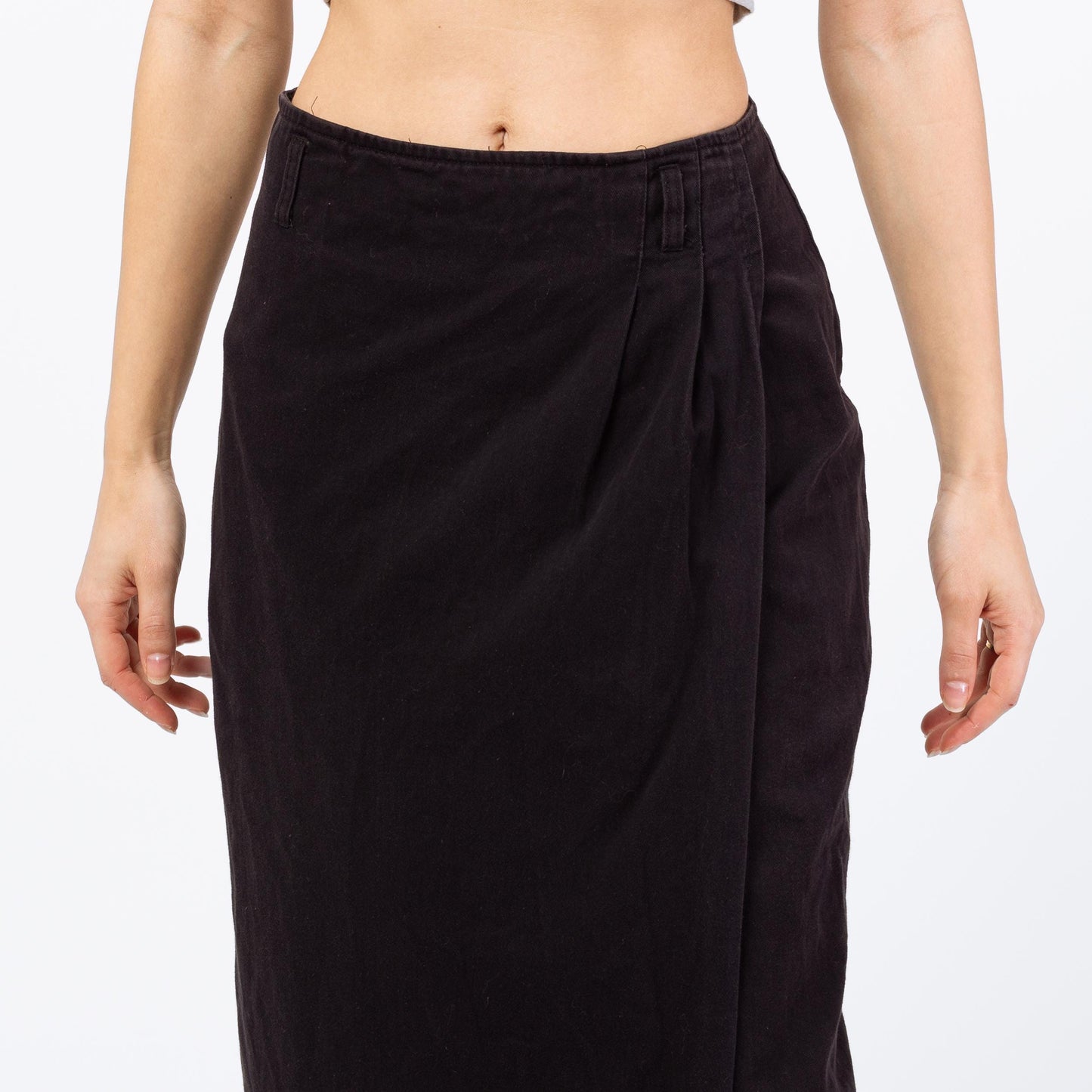 Vintage 90s Black Cotton Midi Wrap Skirt - XS to Small, 26" Waist | Minimalist High Waisted Straight Skirt