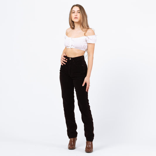 Vintage 90s Dark Brown Corduroy Pants - Extra Small, 24"-25" Waist | High Waisted Slim Straight Leg Trousers