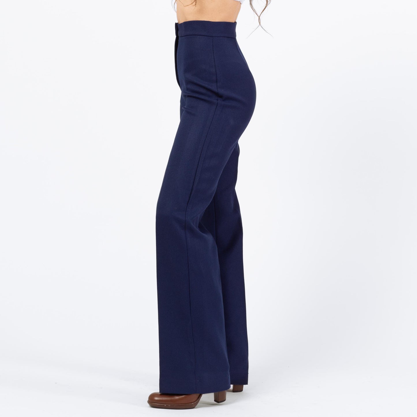 Vintage 70s Navy Blue High Waisted Pants - Extra Small, 24" Waist | Retro Bootcut Leg Trousers