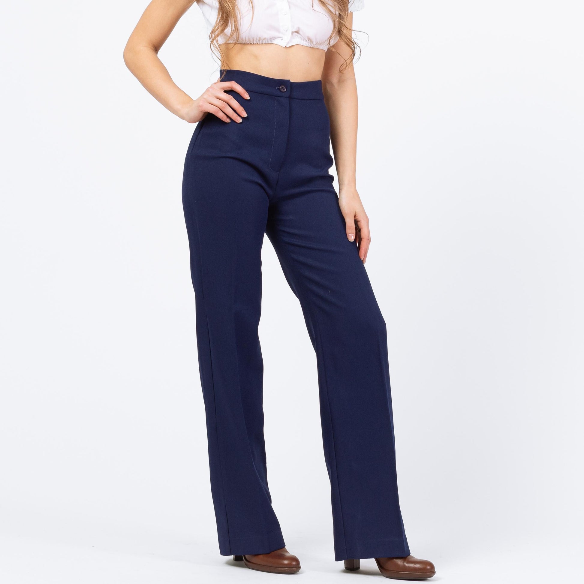 Vintage 70s Navy Blue High Waisted Pants - Extra Small, 24" Waist | Retro Bootcut Leg Trousers