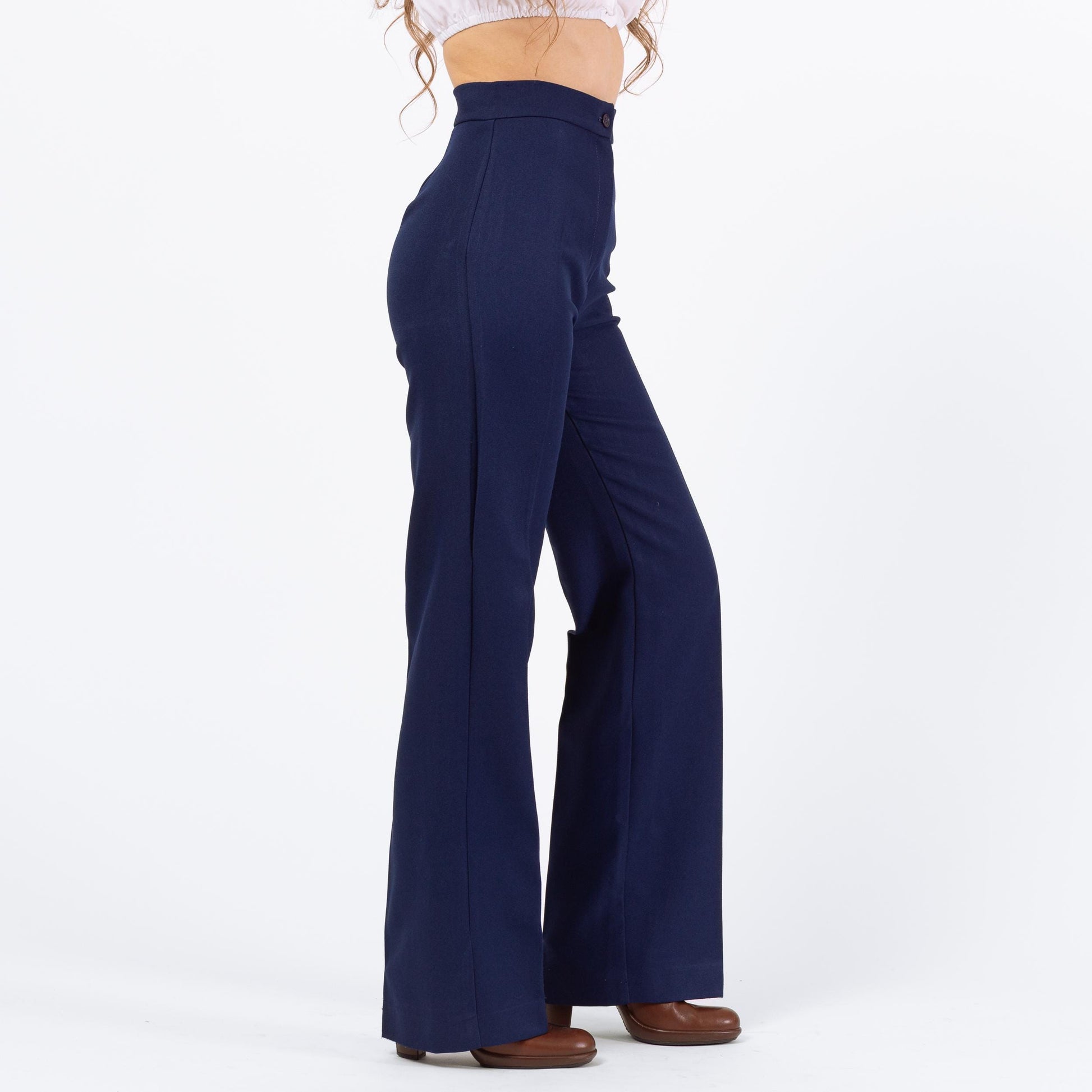 Vintage 70s Navy Blue High Waisted Pants - Extra Small, 24" Waist | Retro Bootcut Leg Trousers