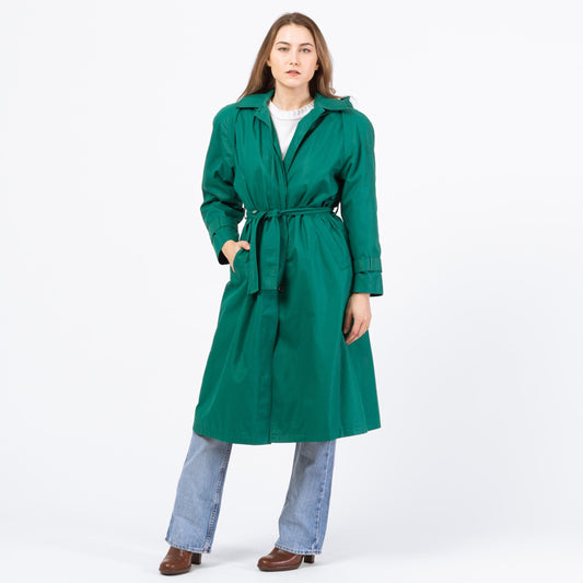 Vintage 80s London Fog Jade Green Hooded Trench Coat - Extra Small | Single Breasted Long Belted Rain Jacket