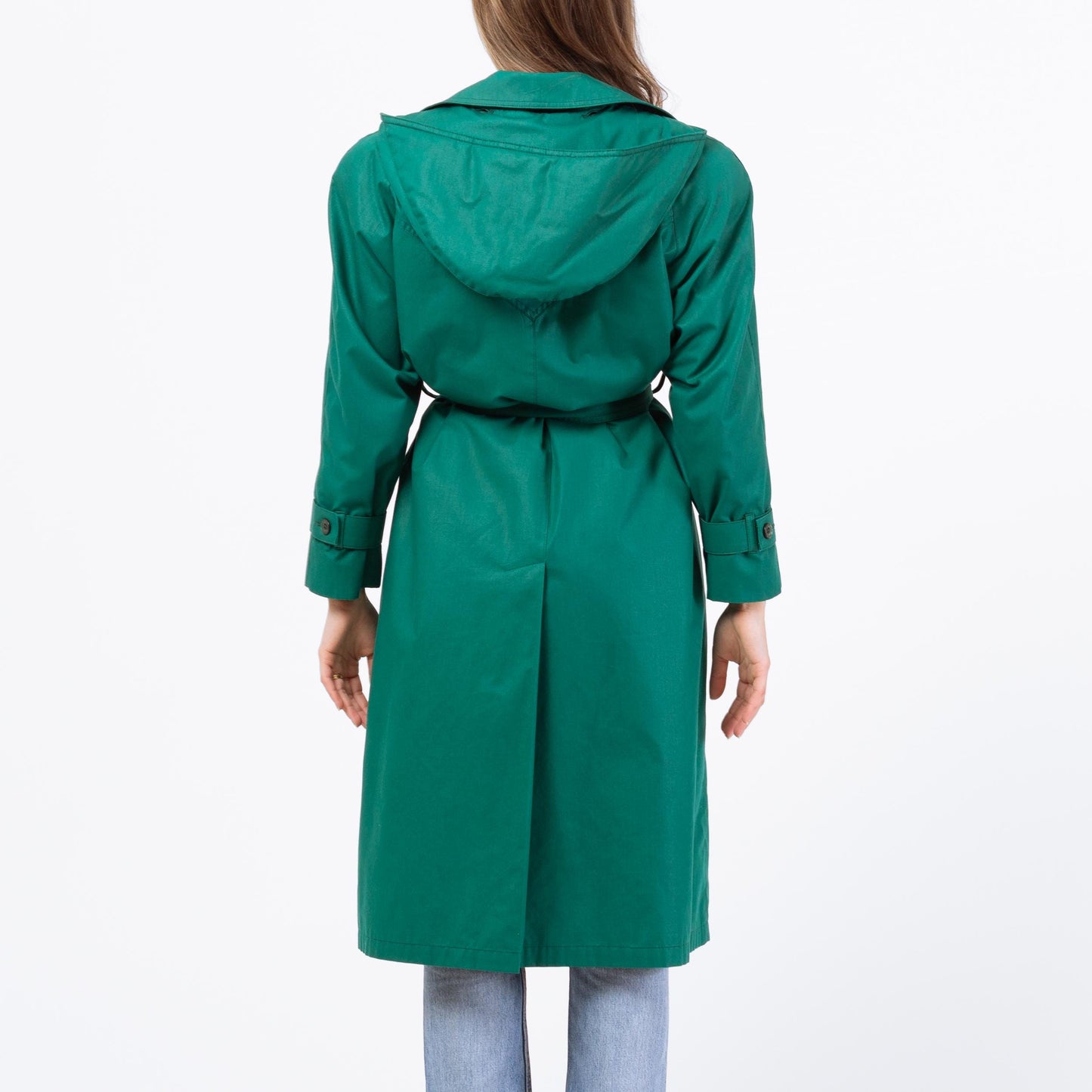 Vintage 80s London Fog Jade Green Hooded Trench Coat - Extra Small | Single Breasted Long Belted Rain Jacket