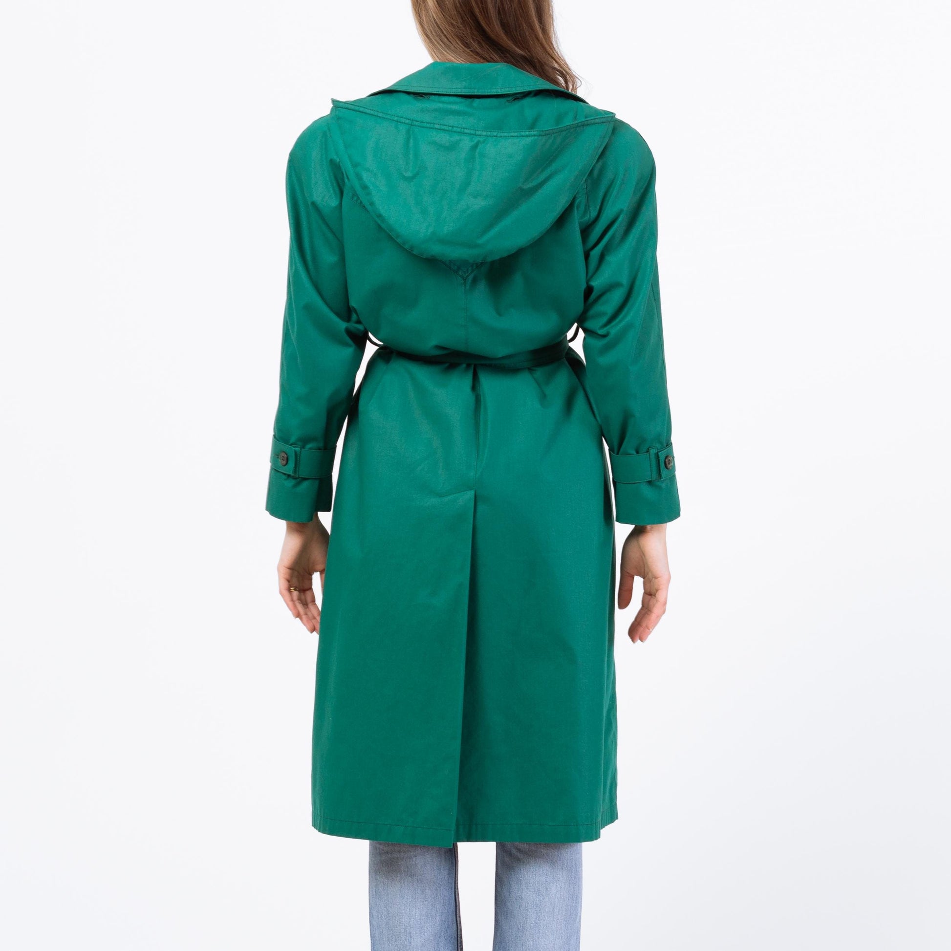 Vintage 80s London Fog Jade Green Hooded Trench Coat - Extra Small | Single Breasted Long Belted Rain Jacket