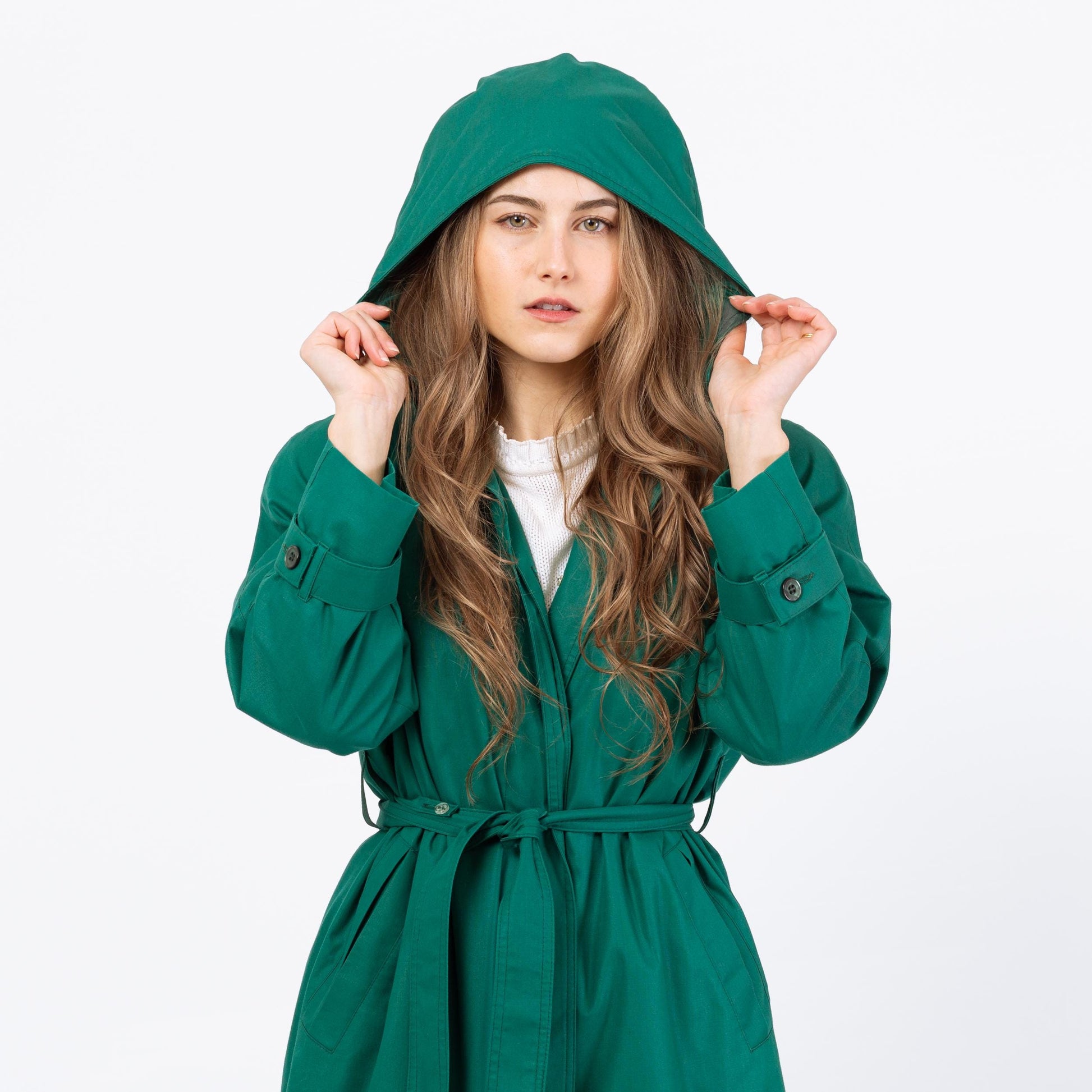 Vintage 80s London Fog Jade Green Hooded Trench Coat - Extra Small | Single Breasted Long Belted Rain Jacket