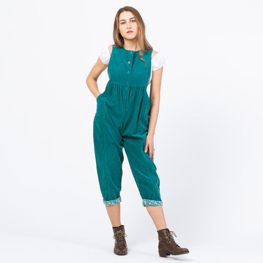 Vintage 80s Laura Ashley Teal Corduroy Capri Jumpsuit - Petite XS | Retro Floral Trim Sleeveless Pinafore Romper Pantsuit