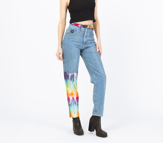 Vintage 90s High Waisted Rainbow Tie Dye Jeans - Extra Small, 25" Waist | Belted Faded Blue Jeans