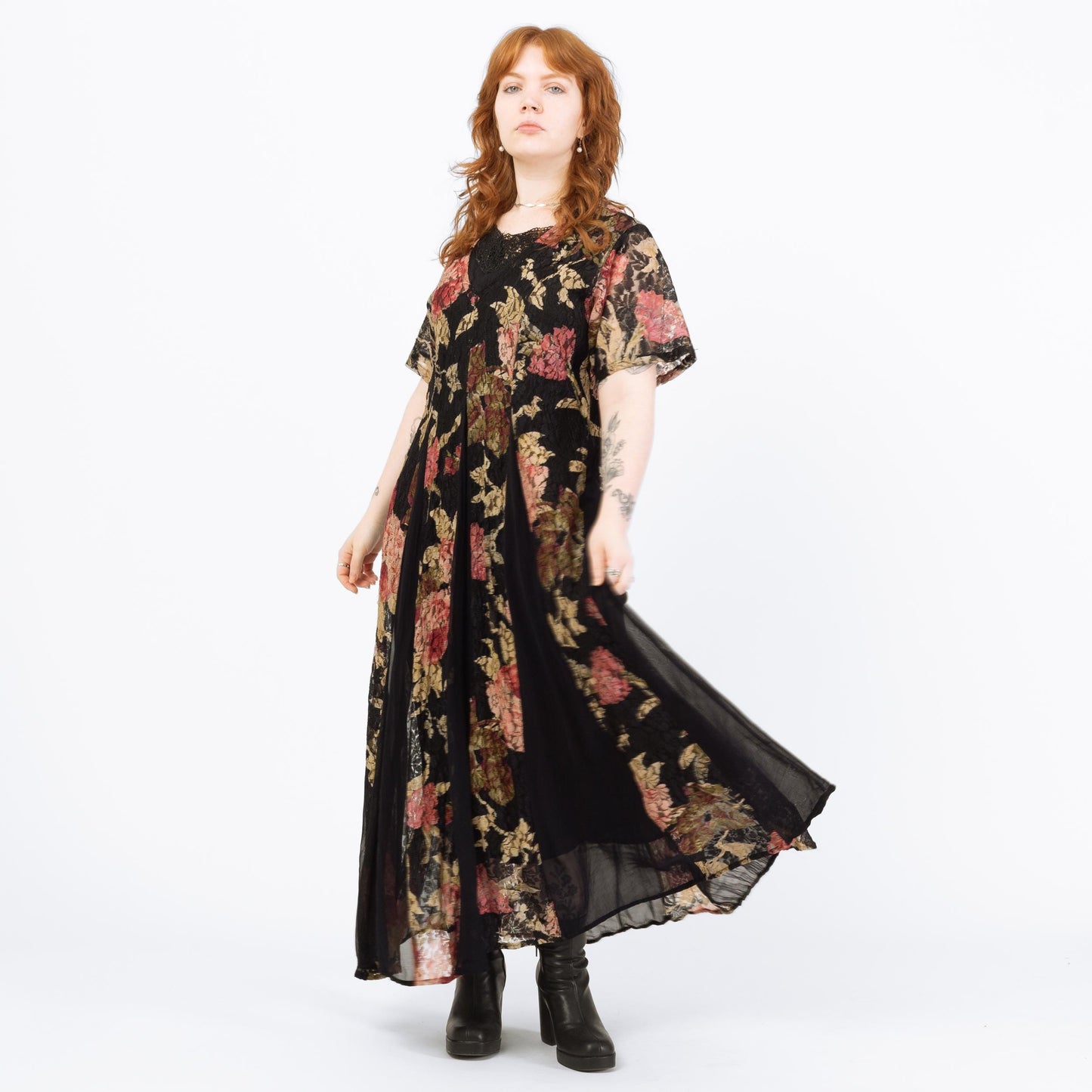 Vintage 90s Black & Pink Floral Lace Maxi Grunge Dress - Medium | Short Sleeve Gauzy Summer Sundress