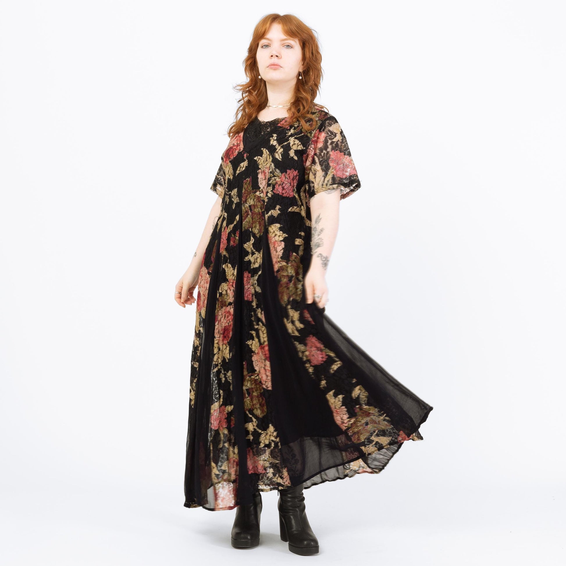 Vintage 90s Black & Pink Floral Lace Maxi Grunge Dress - Medium | Short Sleeve Gauzy Summer Sundress