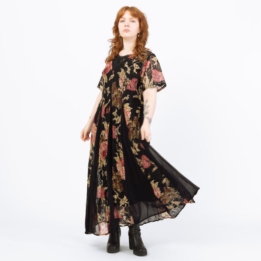 Vintage 90s Black & Pink Floral Lace Maxi Grunge Dress - Medium | Short Sleeve Gauzy Summer Sundress