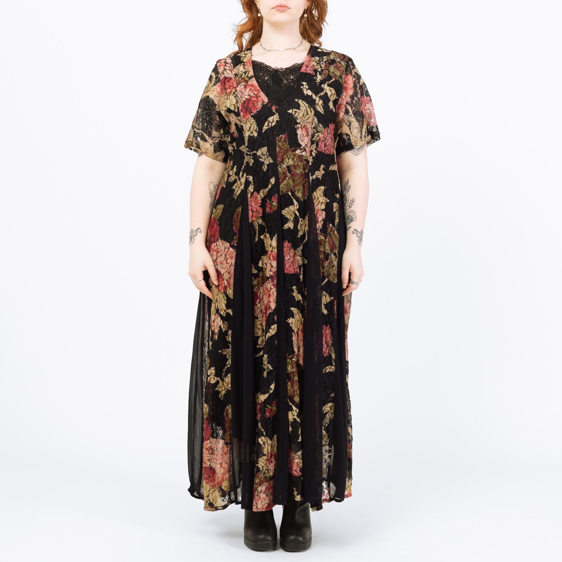 Vintage 90s Black & Pink Floral Lace Maxi Grunge Dress - Medium | Short Sleeve Gauzy Summer Sundress