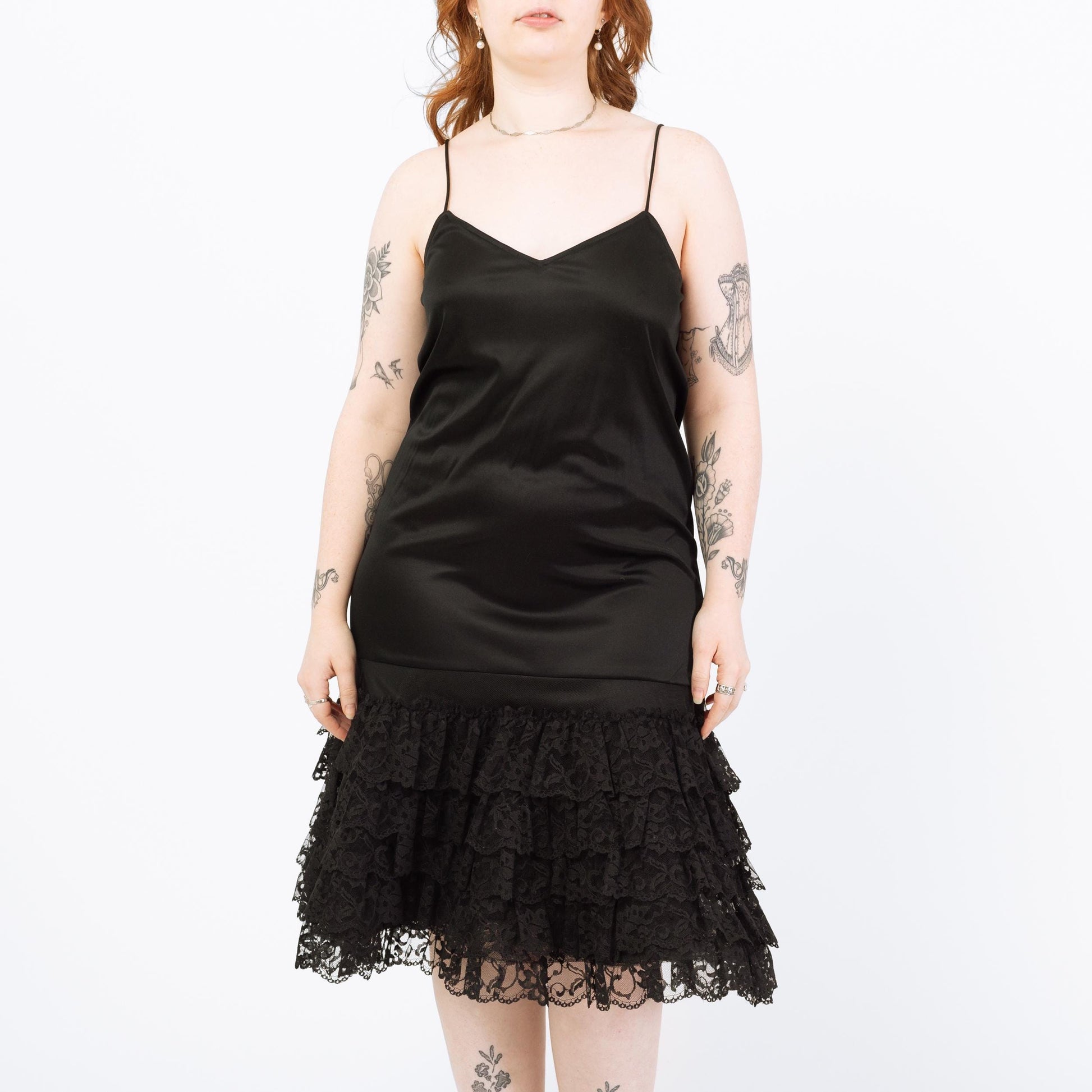 Vintage 80s Black Ruffled Tutu Midi Slip Dress - Large | Tiered Skirt Spaghetti Strap Party Dress