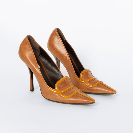 Vintage Prada 90s Y2K Cognac Brown Leather Pumps - Size 8.5 | Designer Made In Italy Pointed Toe Stiletto Heels