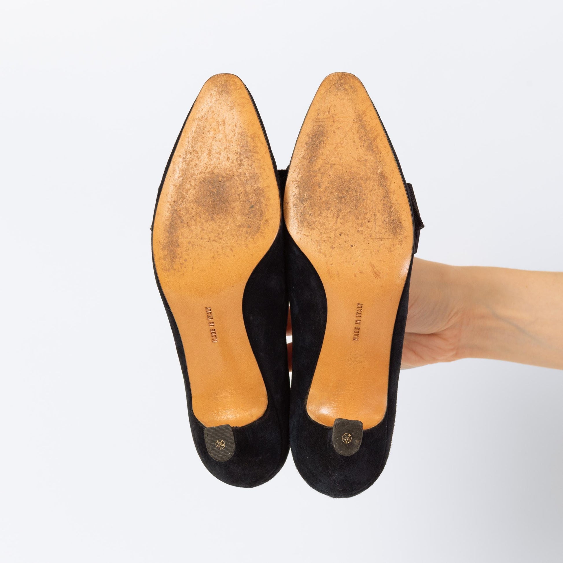 Vintage Ferragamo 90s Navy Blue Suede Bow Pumps - Size 8.5 | Designer French Louis Kitten Heels