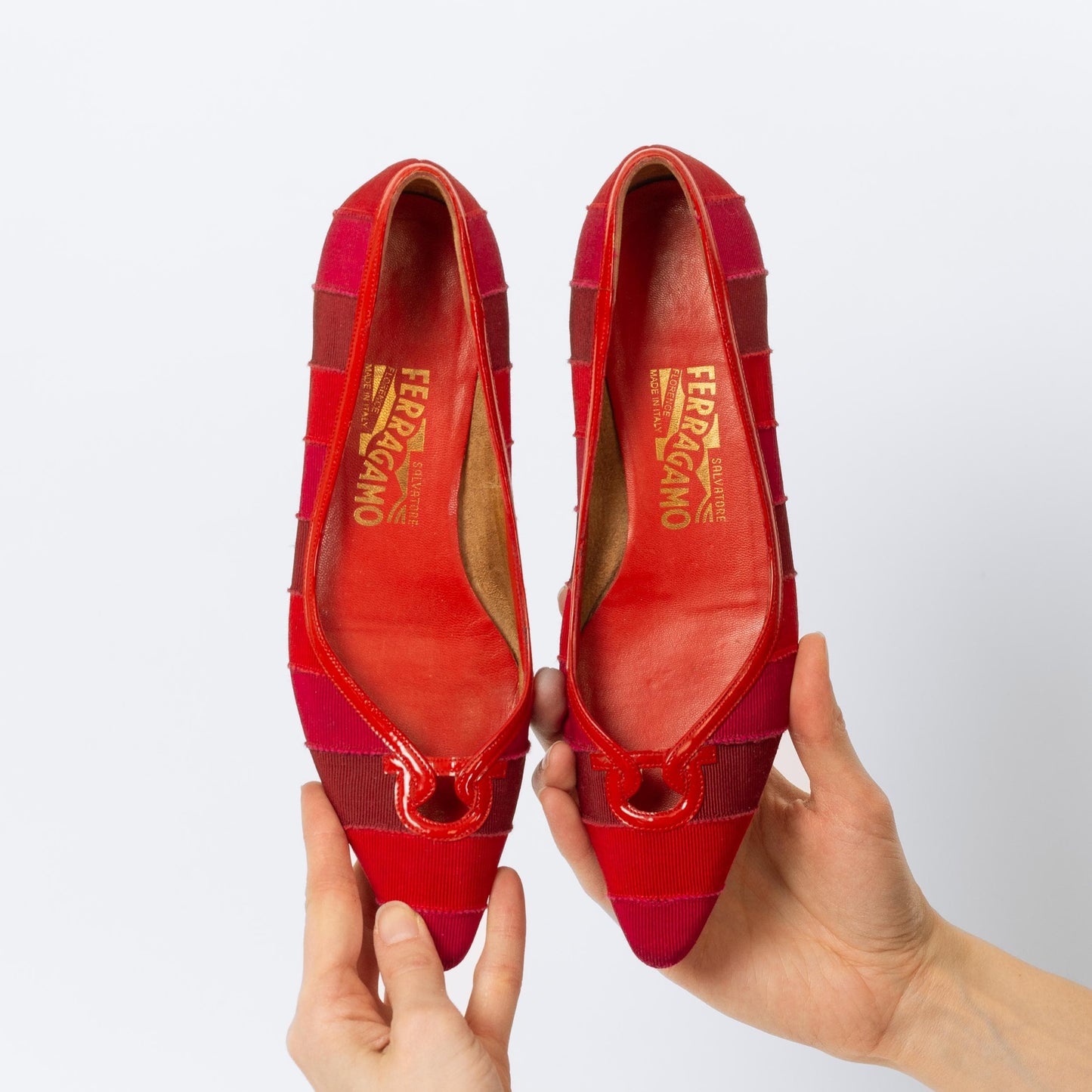 Vintage Ferragamo 90s Red Ribbon Striped Flats - Size 5.5 | Designer Pointed Toe Ballet Flats