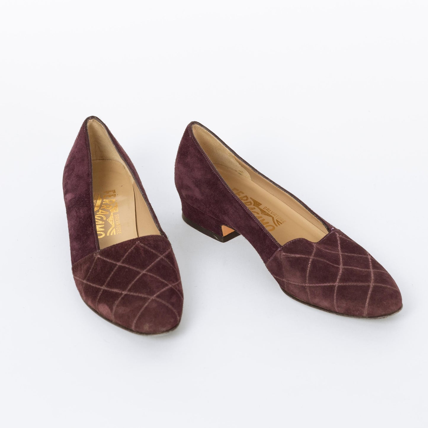 Vintage Ferragamo 90s Plum Suede Quilted Loafers - Size 5 | Designer Slip On Leather Shoes