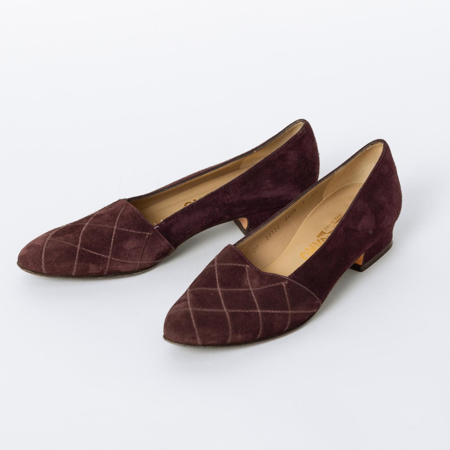 Vintage Ferragamo 90s Plum Suede Quilted Loafers - Size 5 | Designer Slip On Leather Shoes