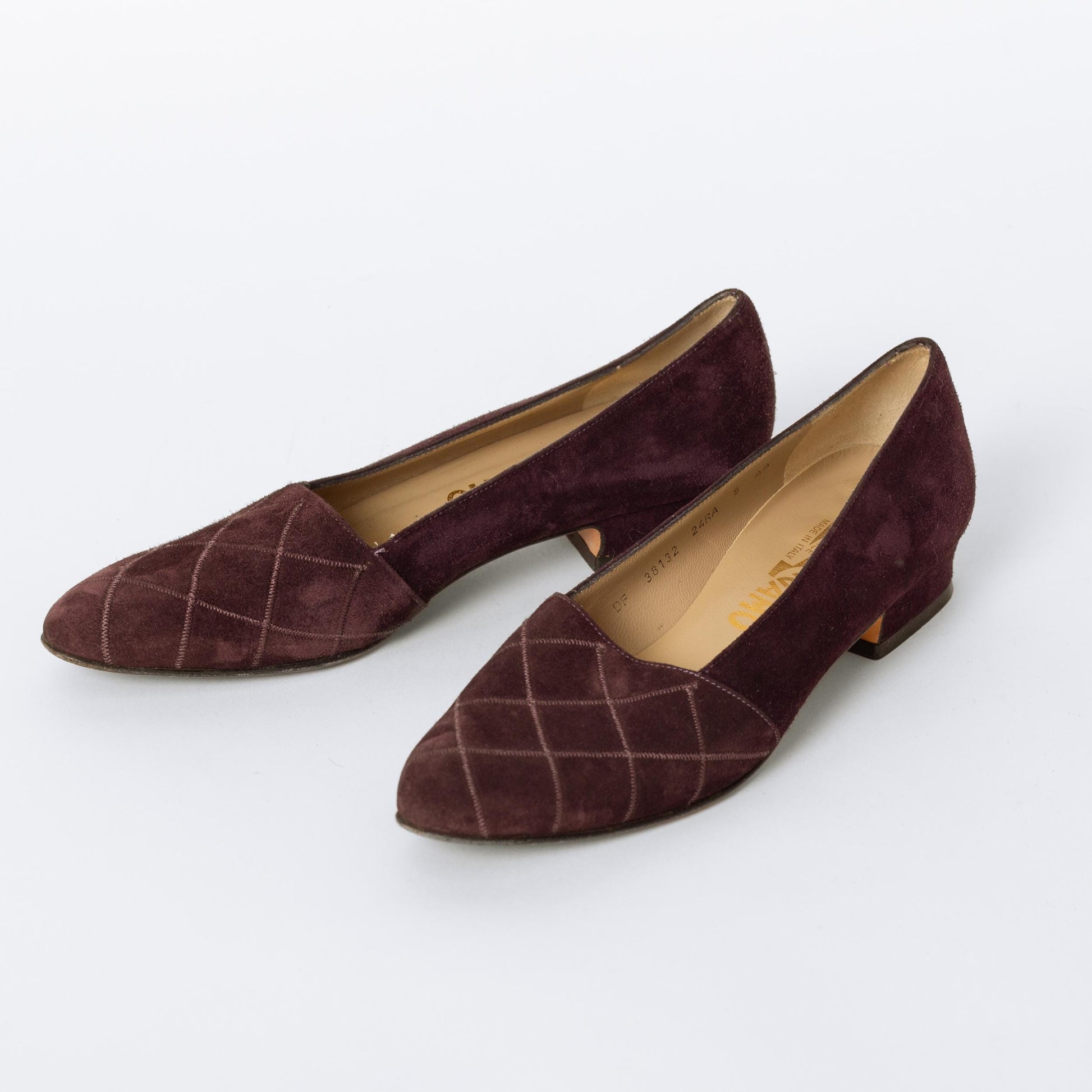 Vintage Ferragamo 90s Plum Suede Quilted Loafers - Size 5 | Designer Slip On Leather Shoes