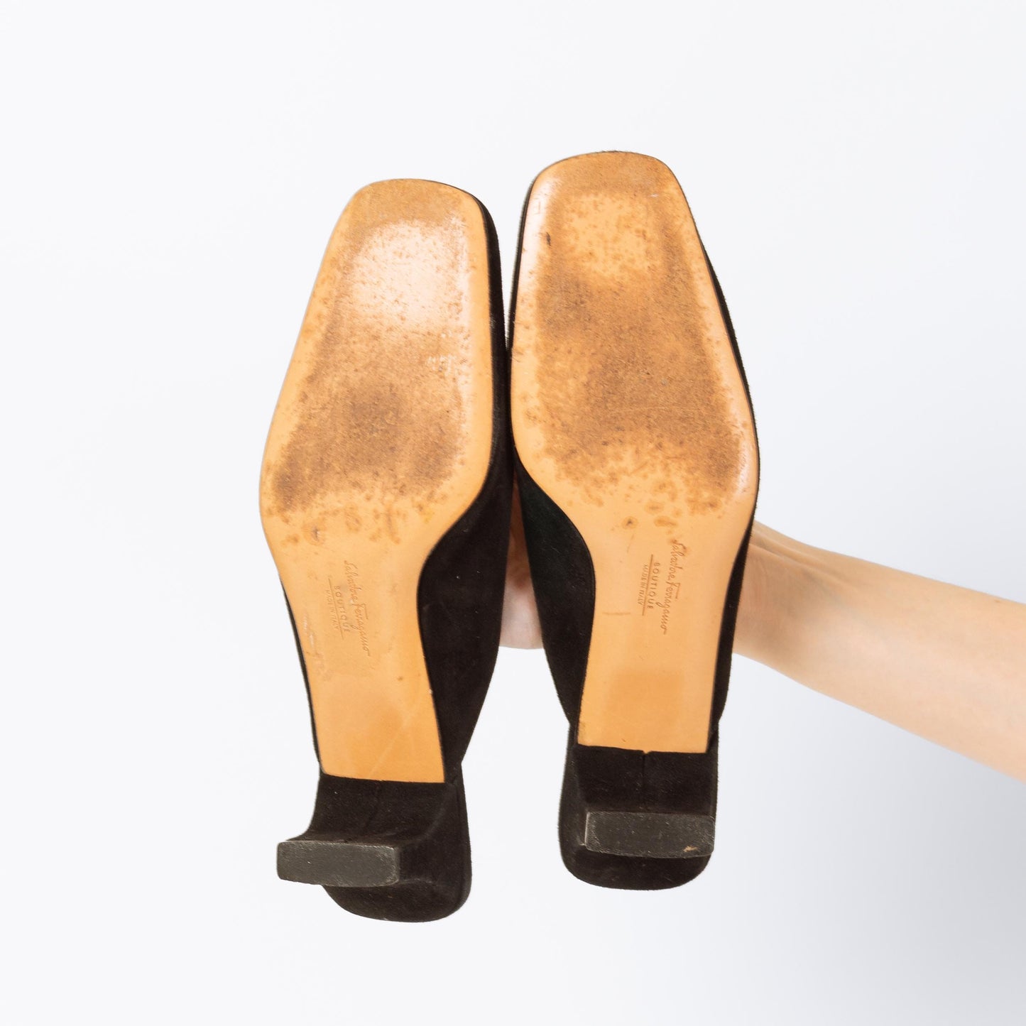 Vintage Ferragamo 90s Black Suede Mules - Size 5 | Designer Square Toe Block Heel Shoes