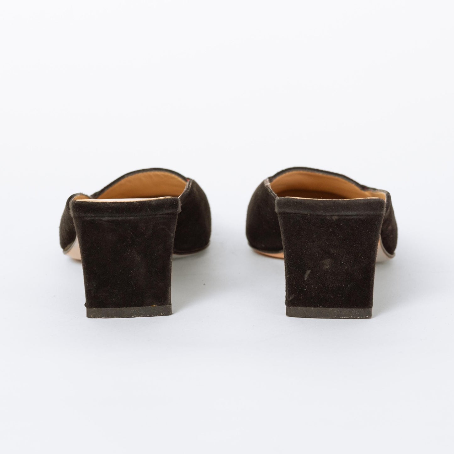 Vintage Ferragamo 90s Black Suede Mules - Size 5 | Designer Square Toe Block Heel Shoes