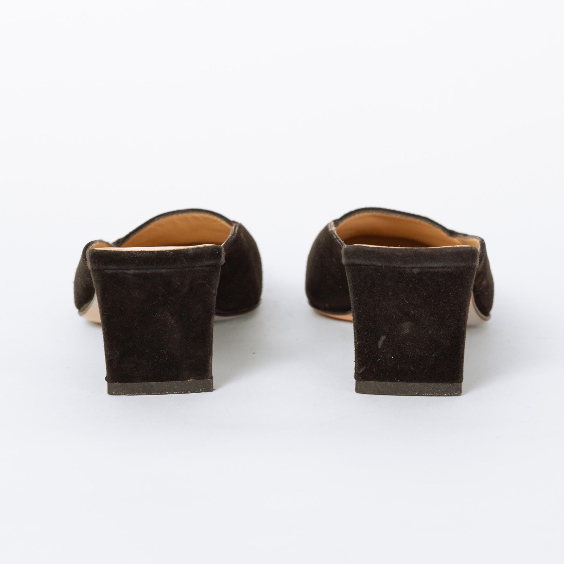 Vintage Ferragamo 90s Black Suede Mules - Size 5 | Designer Square Toe Block Heel Shoes
