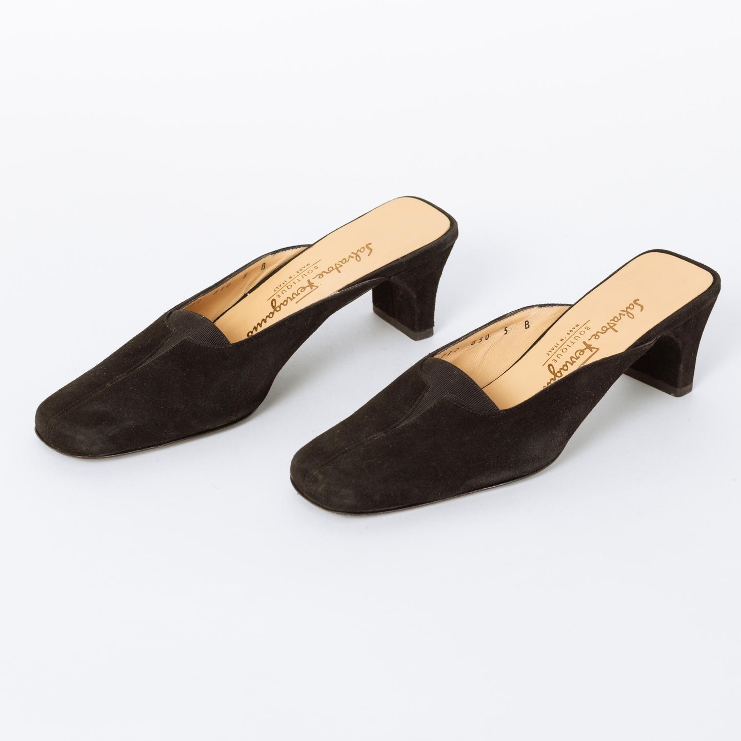 Vintage Ferragamo 90s Black Suede Mules - Size 5 | Designer Square Toe Block Heel Shoes