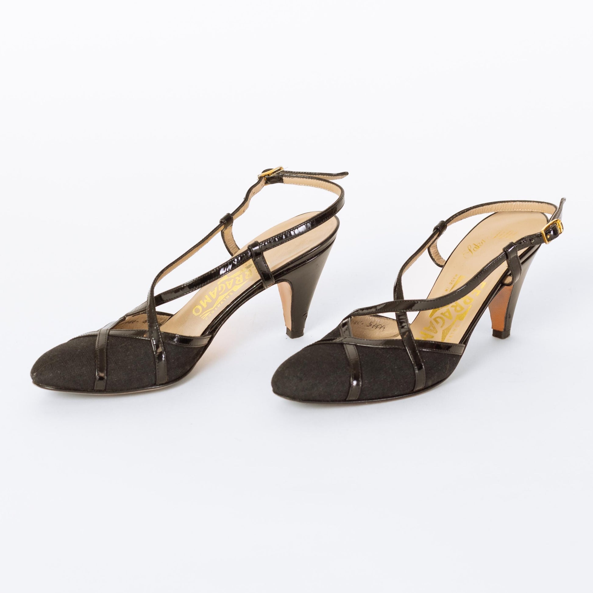 Vintage Ferragamo 90s Black Strappy Slingback Heels - Size 4.5-5 | Designer Canvas & Leather Pointed Toe Pumps