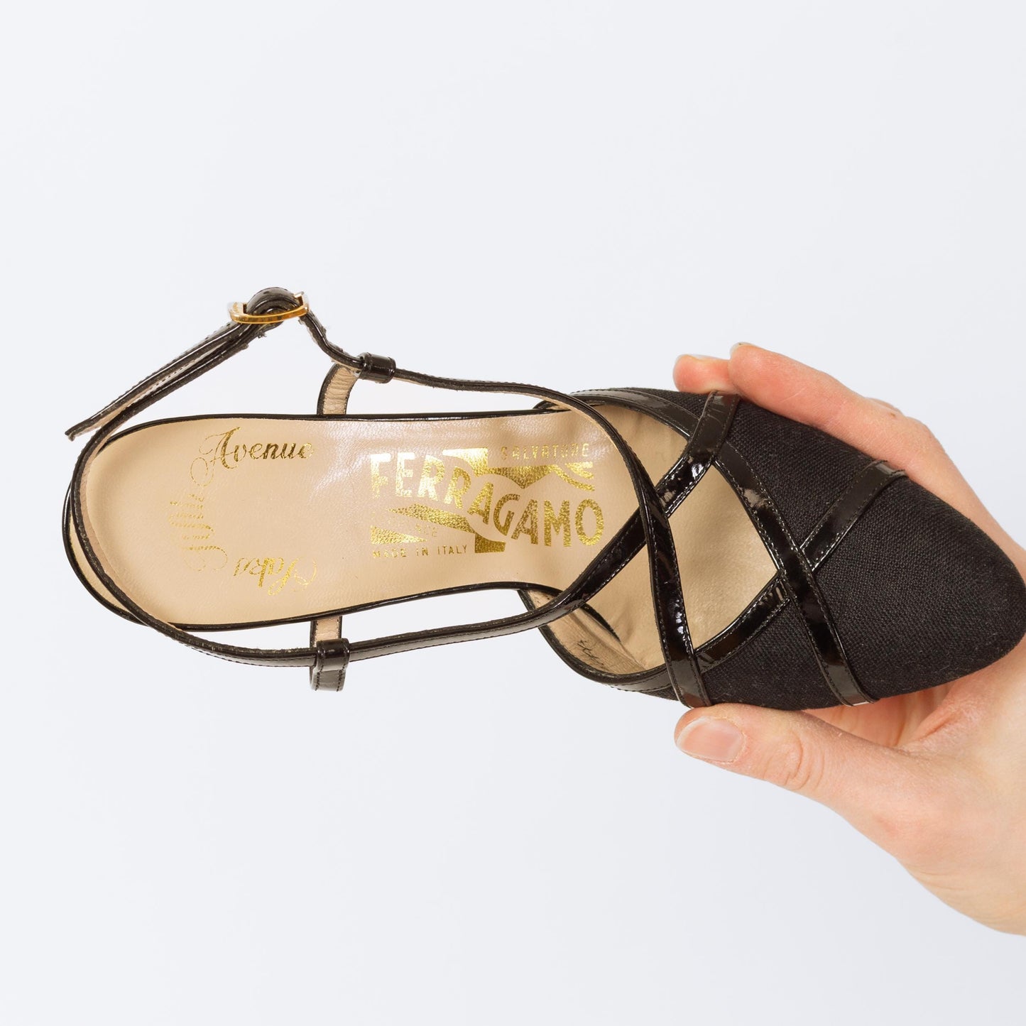 Vintage Ferragamo 90s Black Strappy Slingback Heels - Size 4.5-5 | Designer Canvas & Leather Pointed Toe Pumps