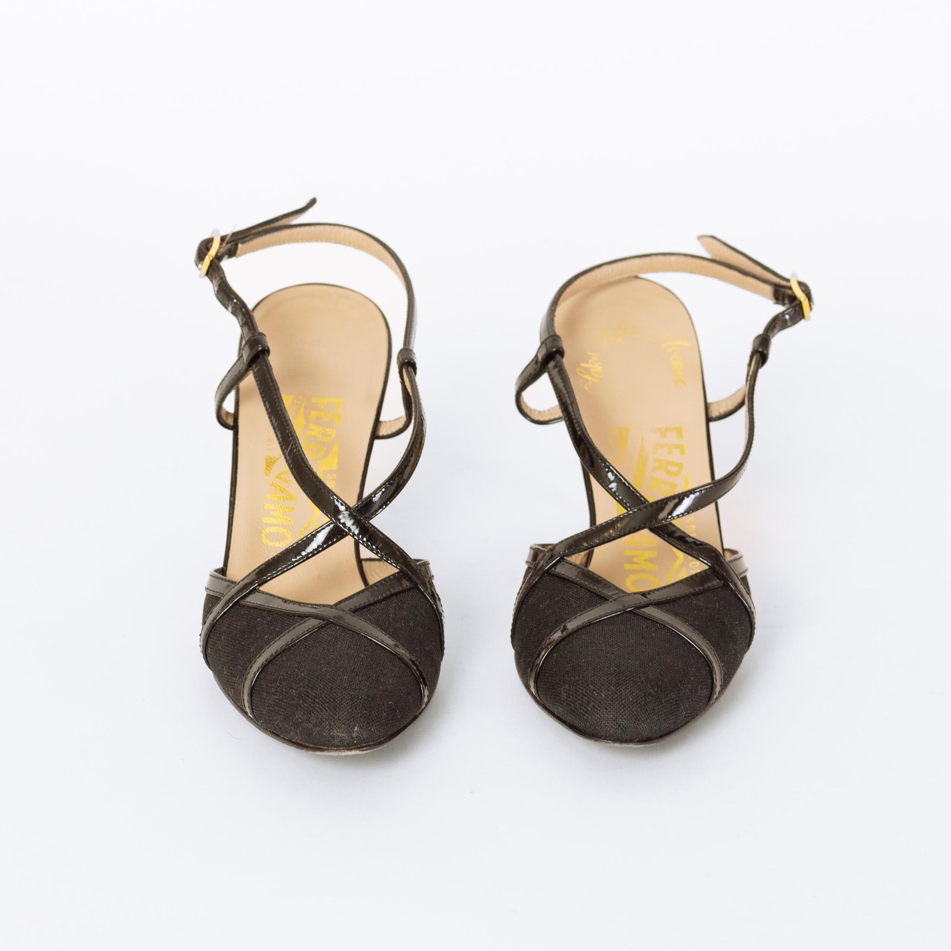 Vintage Ferragamo 90s Black Strappy Slingback Heels - Size 4.5-5 | Designer Canvas & Leather Pointed Toe Pumps